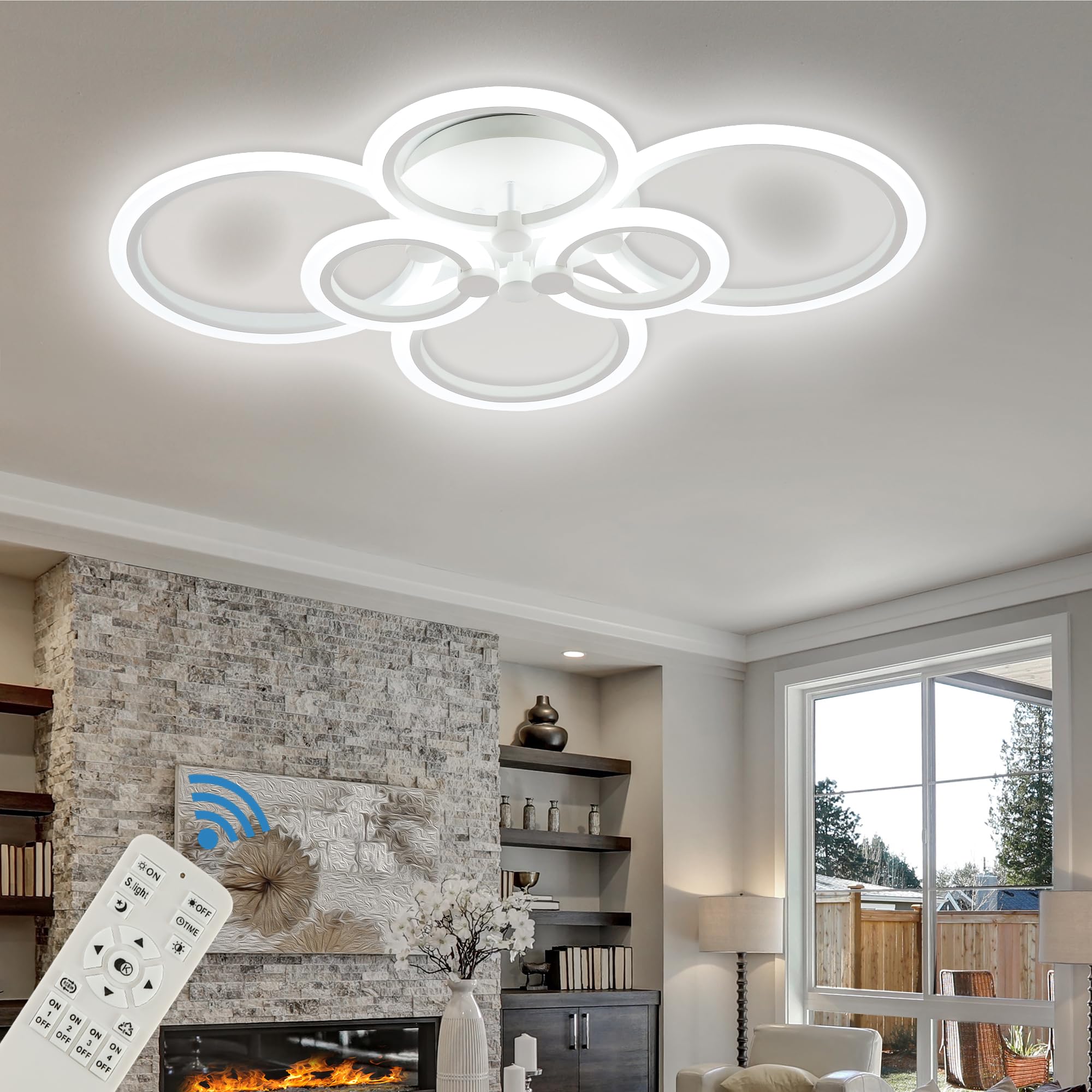 Sjv Modern Ceiling Lights- Dimmable Led Ceiling Lamps 31.4" Flush Mount Led Chandelier Lighting Fixture White 6 Rings Light For Living Kitchen Dining Room, Bedroom 3000/4000/6500K With Remote