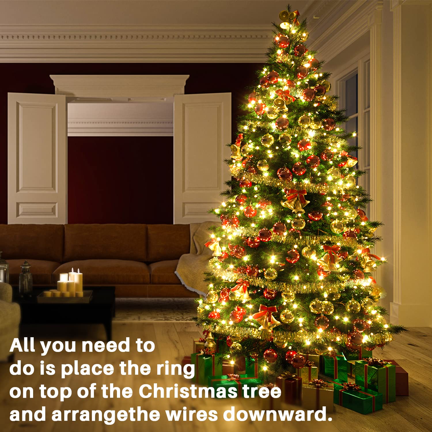 Vil Christmas Tree Lights With Ring, 8.2Ft 16 Line 448 Led Fairy String Lights Plug In, 8 Lighting Modes, For Indoor Outdoor Xmas Tree Wedding Party Decoration (Warm White)