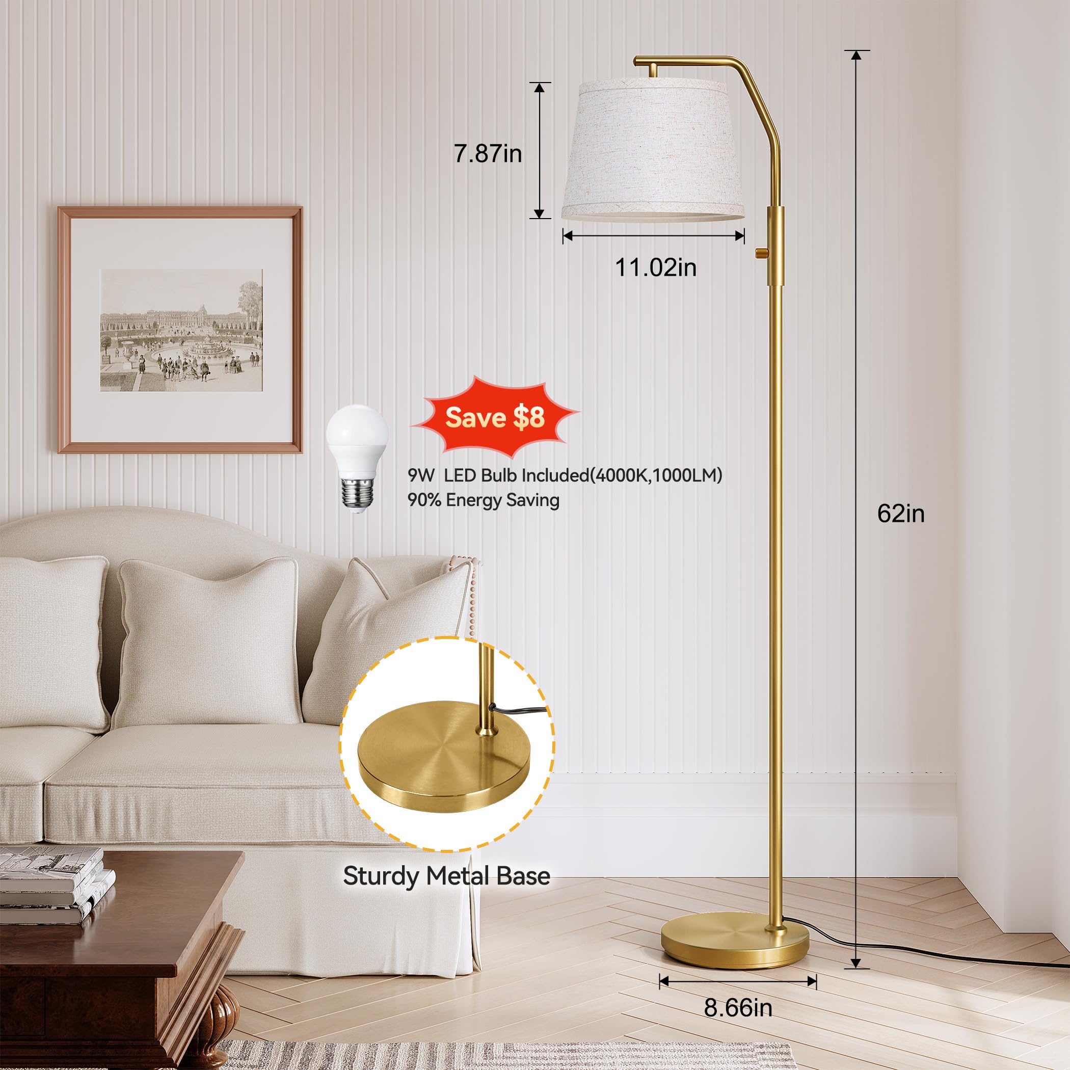 SUNMORY Floor Lamp - 9W Dimmable Metal Standing Lamp, Tall Gold, Model SR000148 for Living Room, Bedroom, Office, Nursery
