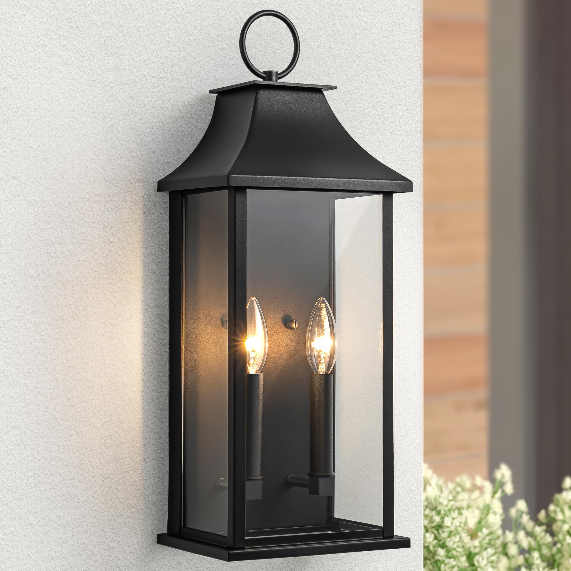 Lawyettle Outdoor Wall Lights  Dusk to Dawn Waterproof Outside Wall Sconce  Large Modern Wall Fixture with Glass  Exterior Lamp for House  Porch  Garage  2-Light (20.6 Inch  Black)