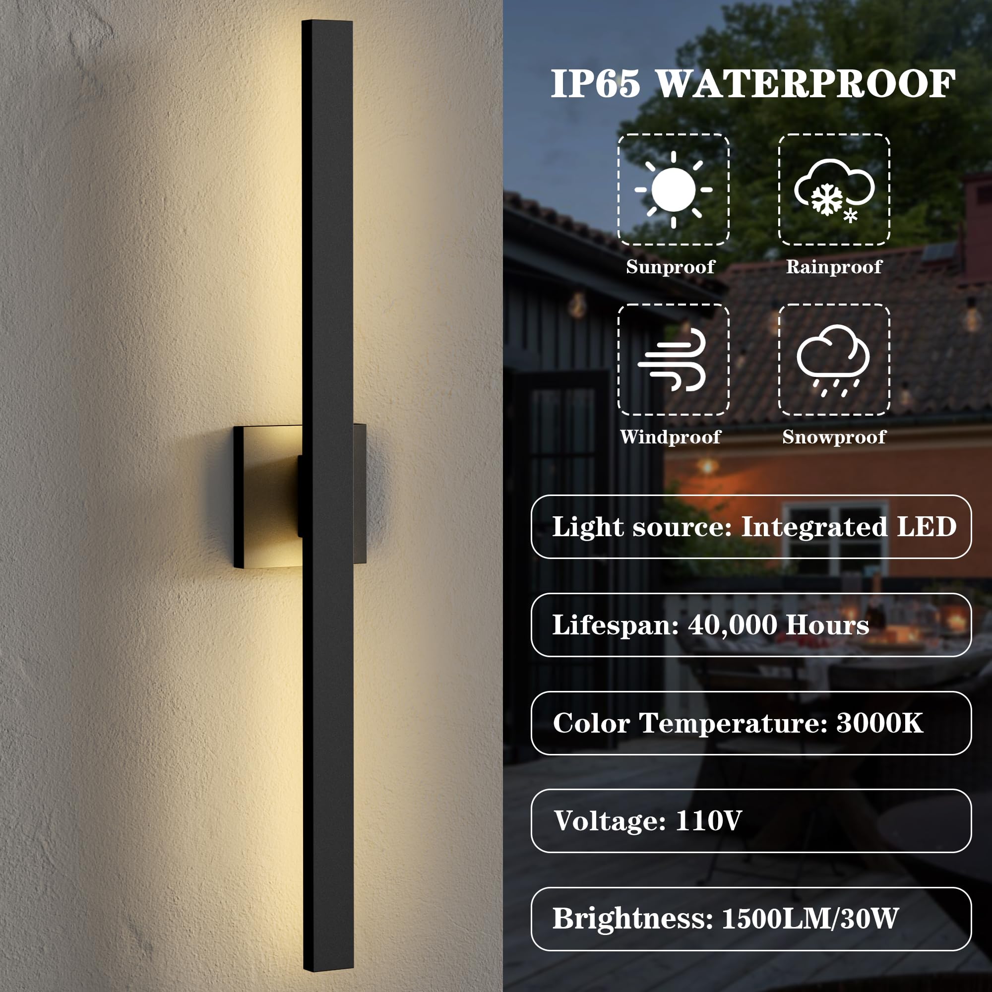 LamQee LED Wall Light, 31.5 Inch, 1500LM, Waterproof, Aluminum, Matte Black, Model 0337
