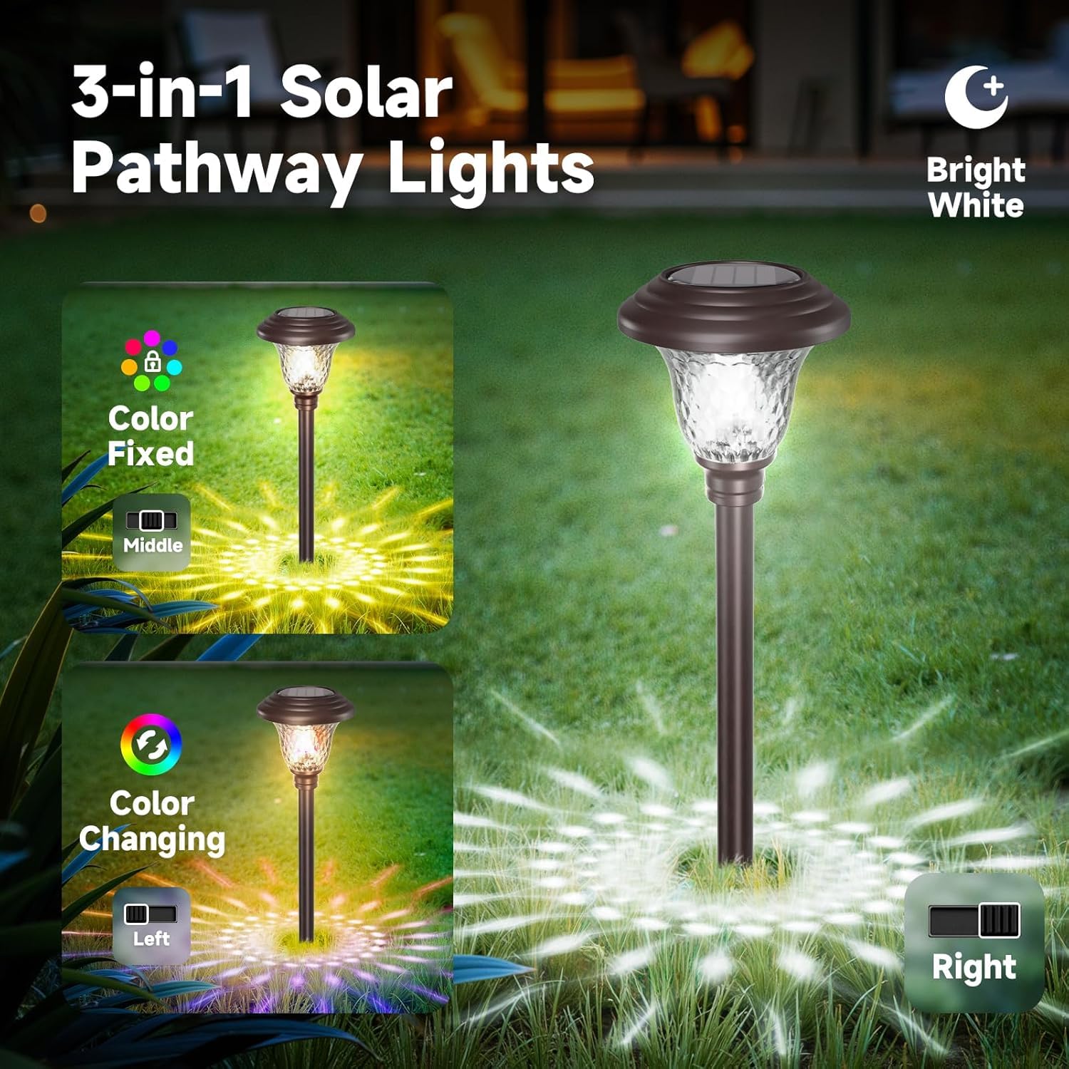 BEAU JARDIN Solar Pathway Lights 8 Pack, Color Changing Waterproof Metal & Glass, Bronze, Model BG292