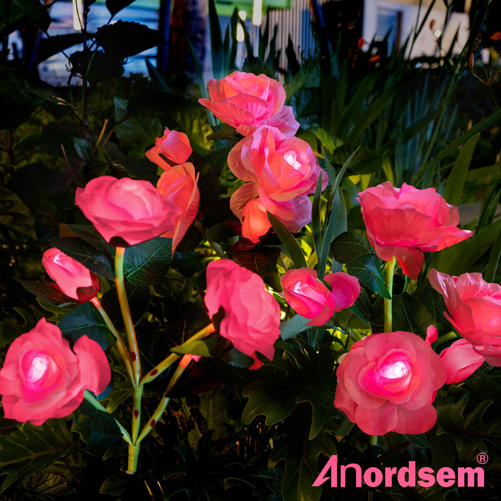 Anordsem Solar Garden Lights - Waterproof Pink Rose Lights for Outdoor Decor, 2 Pack
