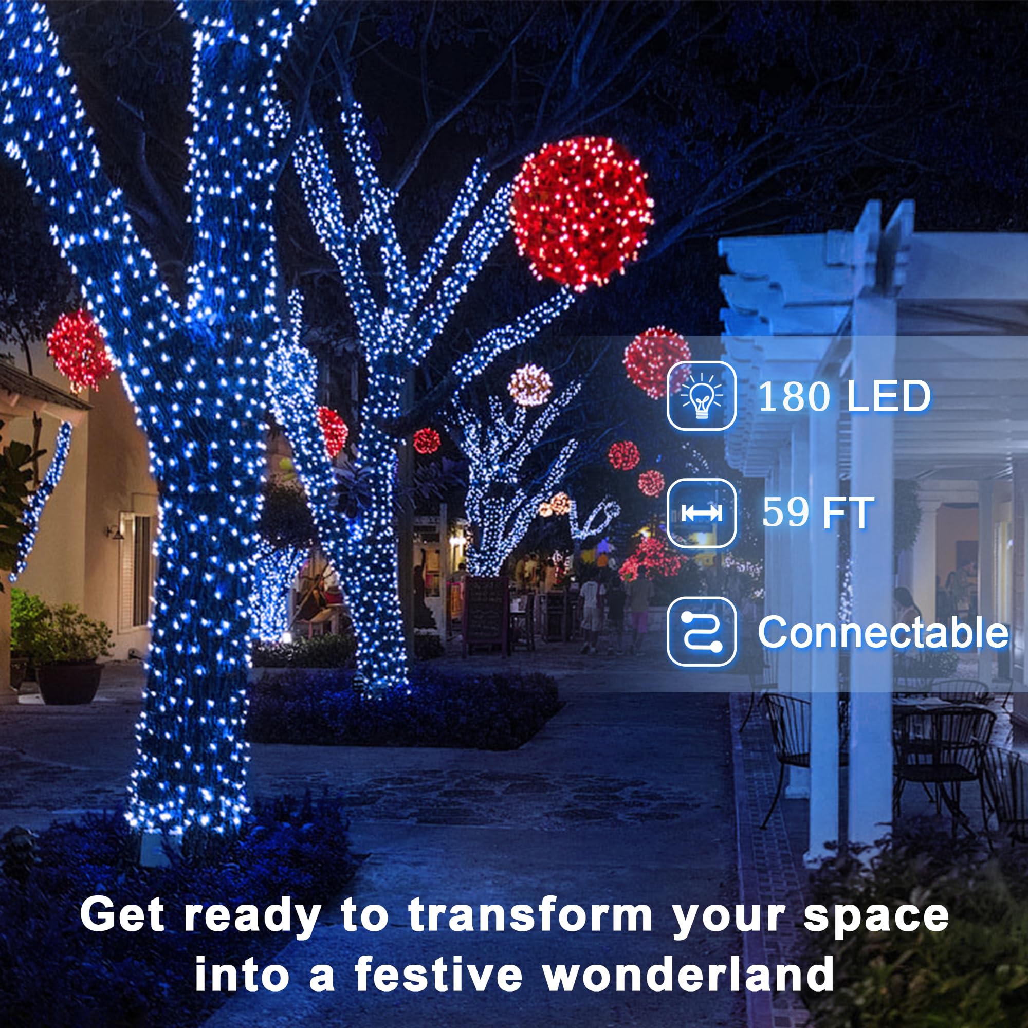 180 Led 59Ft Christmas String Lights Indoor Outdoor, 8 Modes Christmas Fairy Lights With Timer & Momory, Ip44 Waterproof Christm