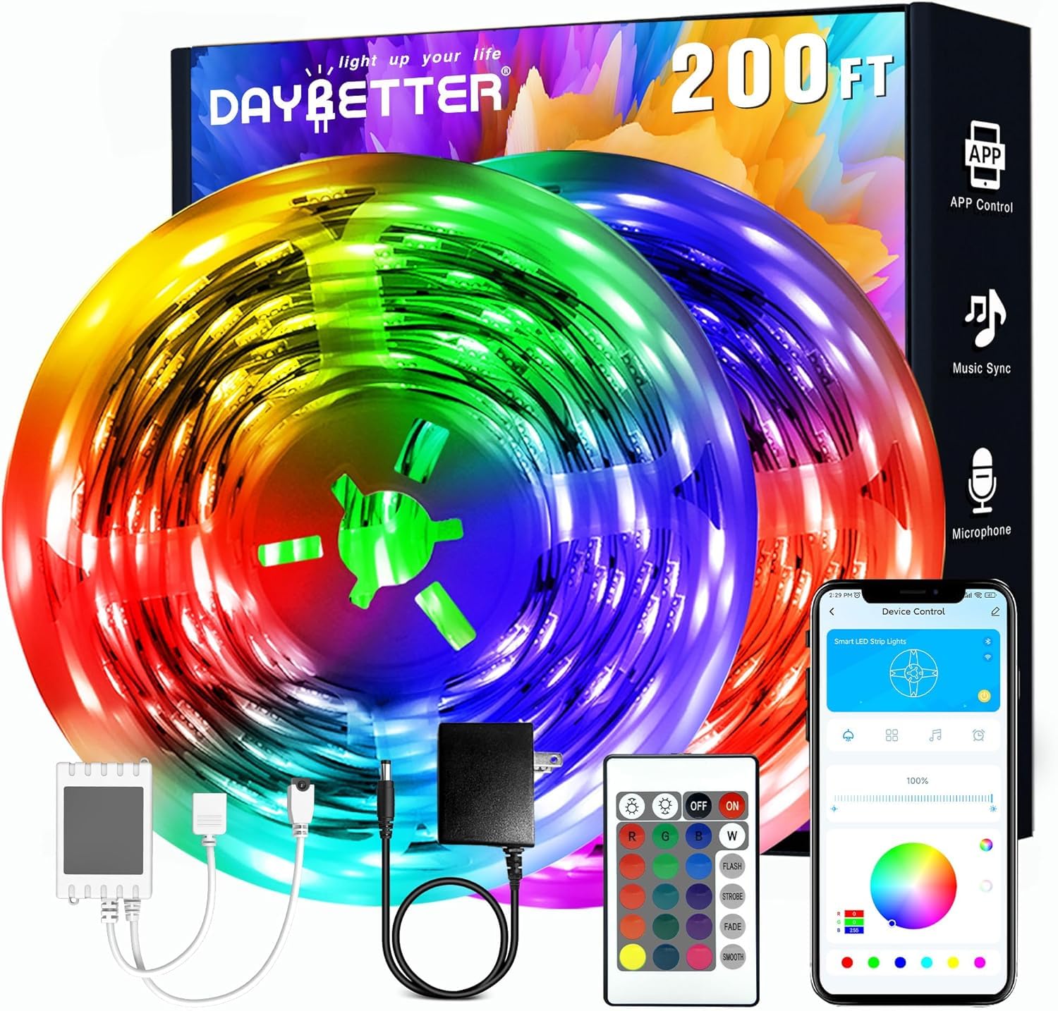 Daybetter Led Strip Lights 200Ft Smart App Control Multicolor, Music Sync, 2 Rolls Of 100Ft For Home Decor And Parties