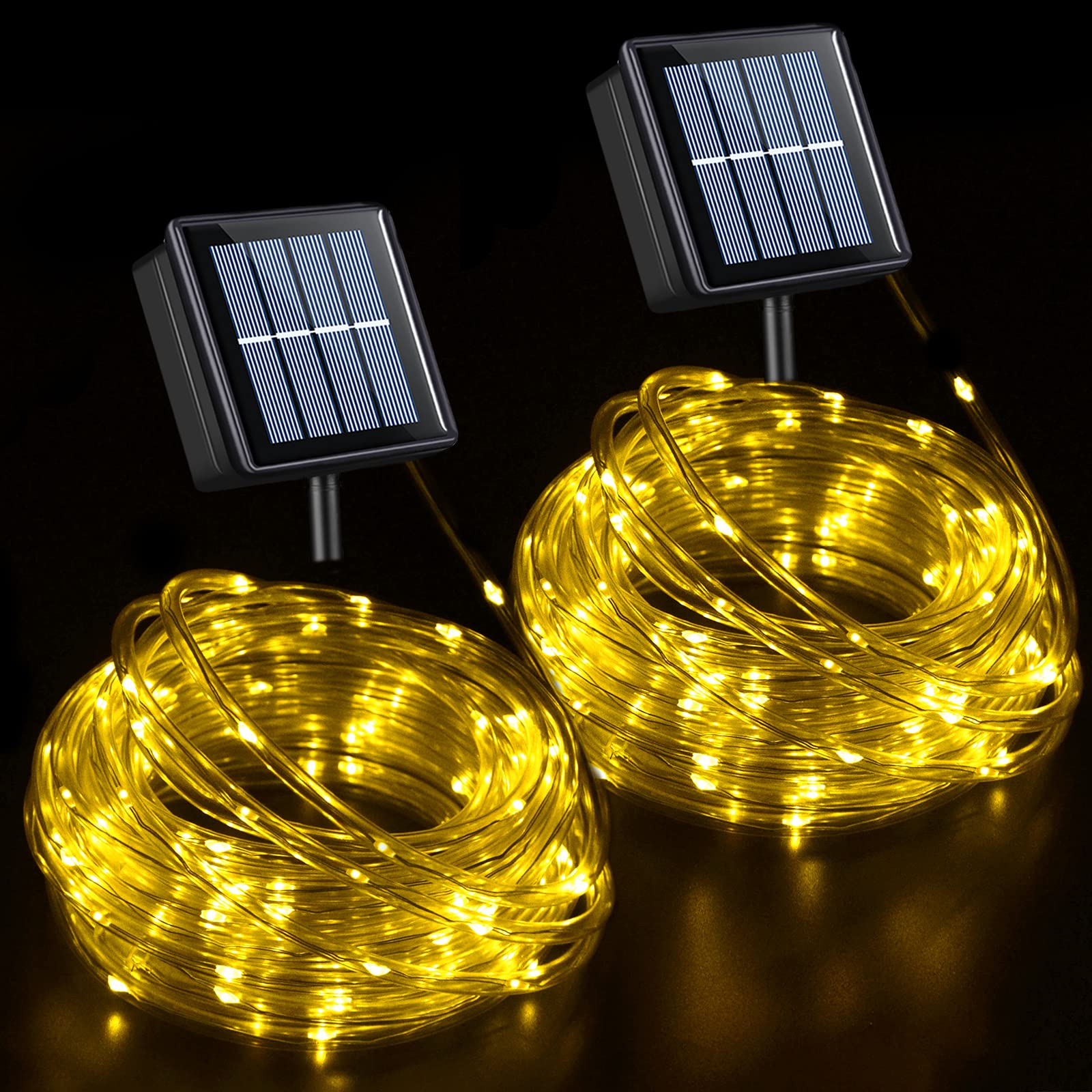 QITONG Warm White Solar Rope Lights, 2 Pack Each 33ft 100LED Outdoor Solar Christmas Lights, 8 Modes Clear Solar Tube Lights for