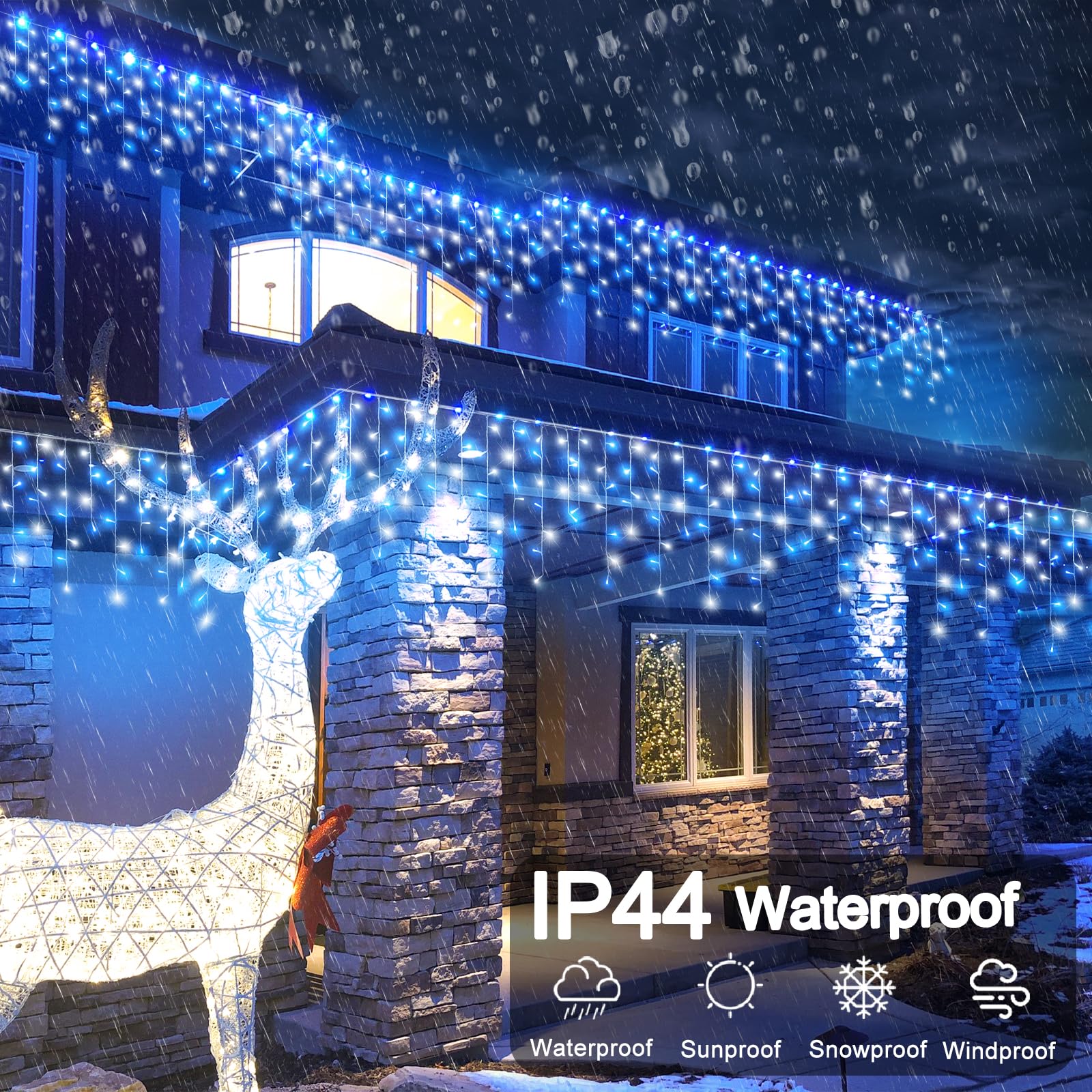 66Ft Blue And White Christmas Lights, 640 Led Icicle Lights For Outside House Clear Wire Connectable Twinkle Lights With 8 Modes