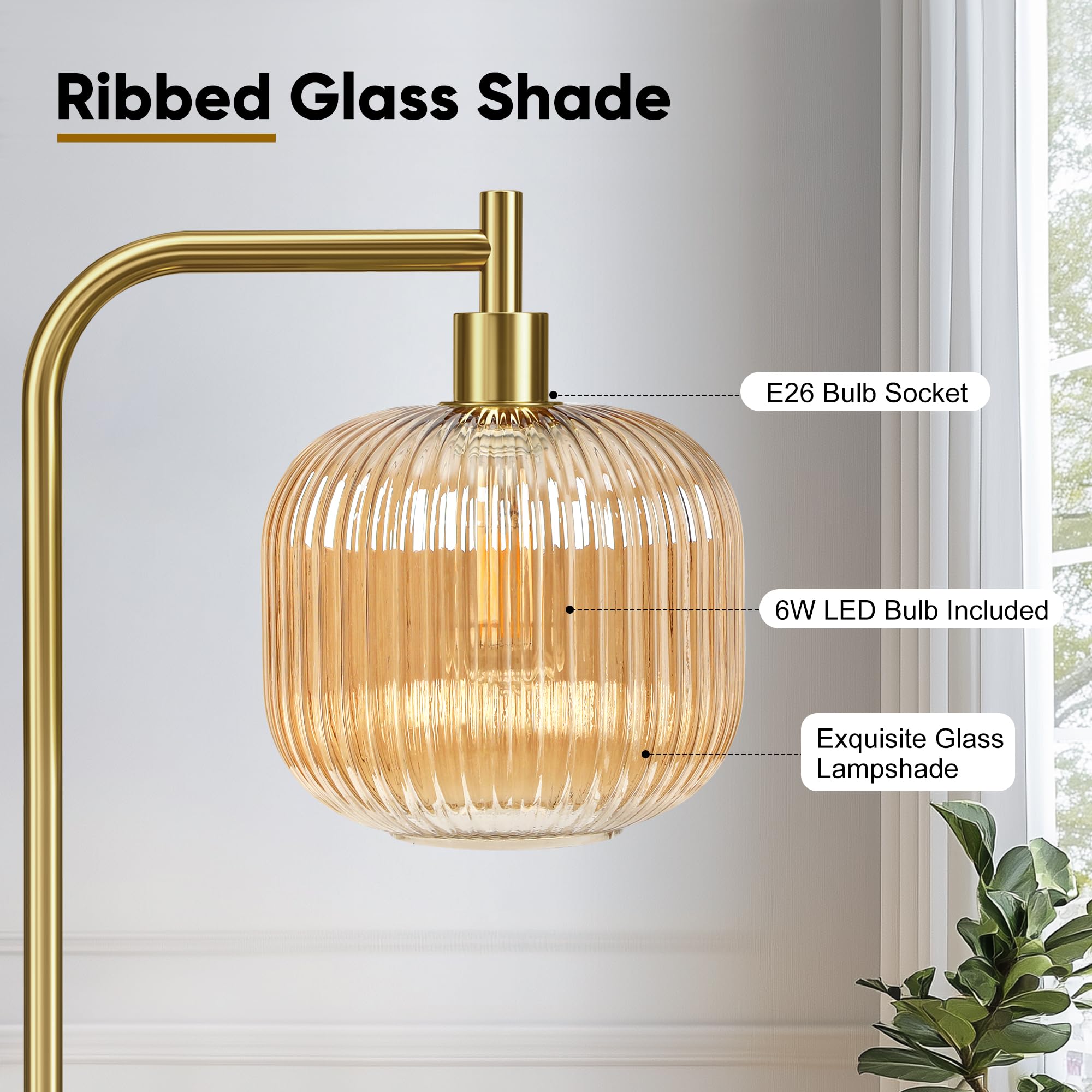 QiMH Modern Glass Floor Lamp, 67” Tall, Brushed Gold & Champagne, Ribbed Lampshade, Includes 2700K LED Bulb, Model STR-FL-0096