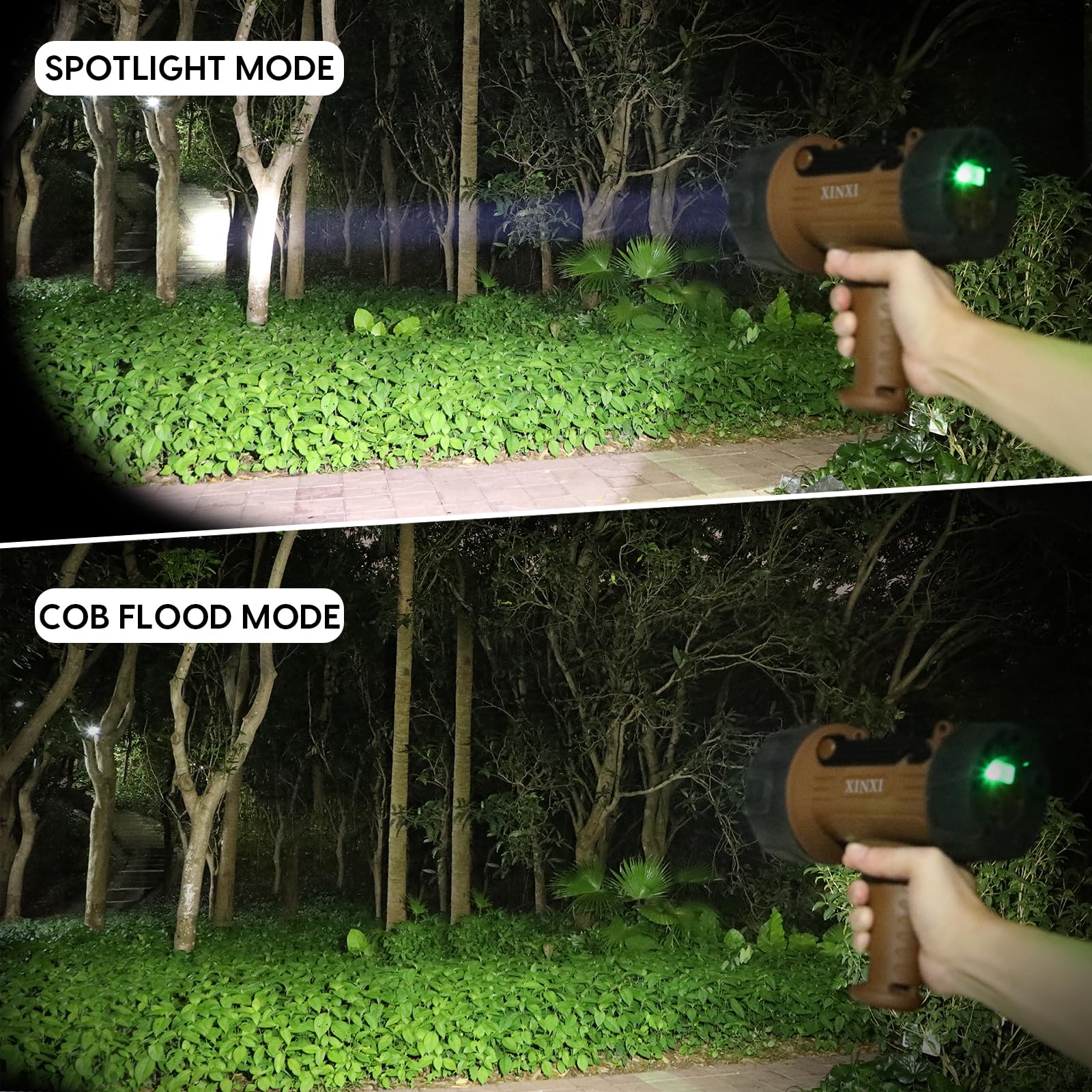 XINXI Rechargeable 1000000 Lumens Spotlight with COB Floodlight, 6 Modes, USB Charger, IP67 Waterproof, Model X-011BR, Brown