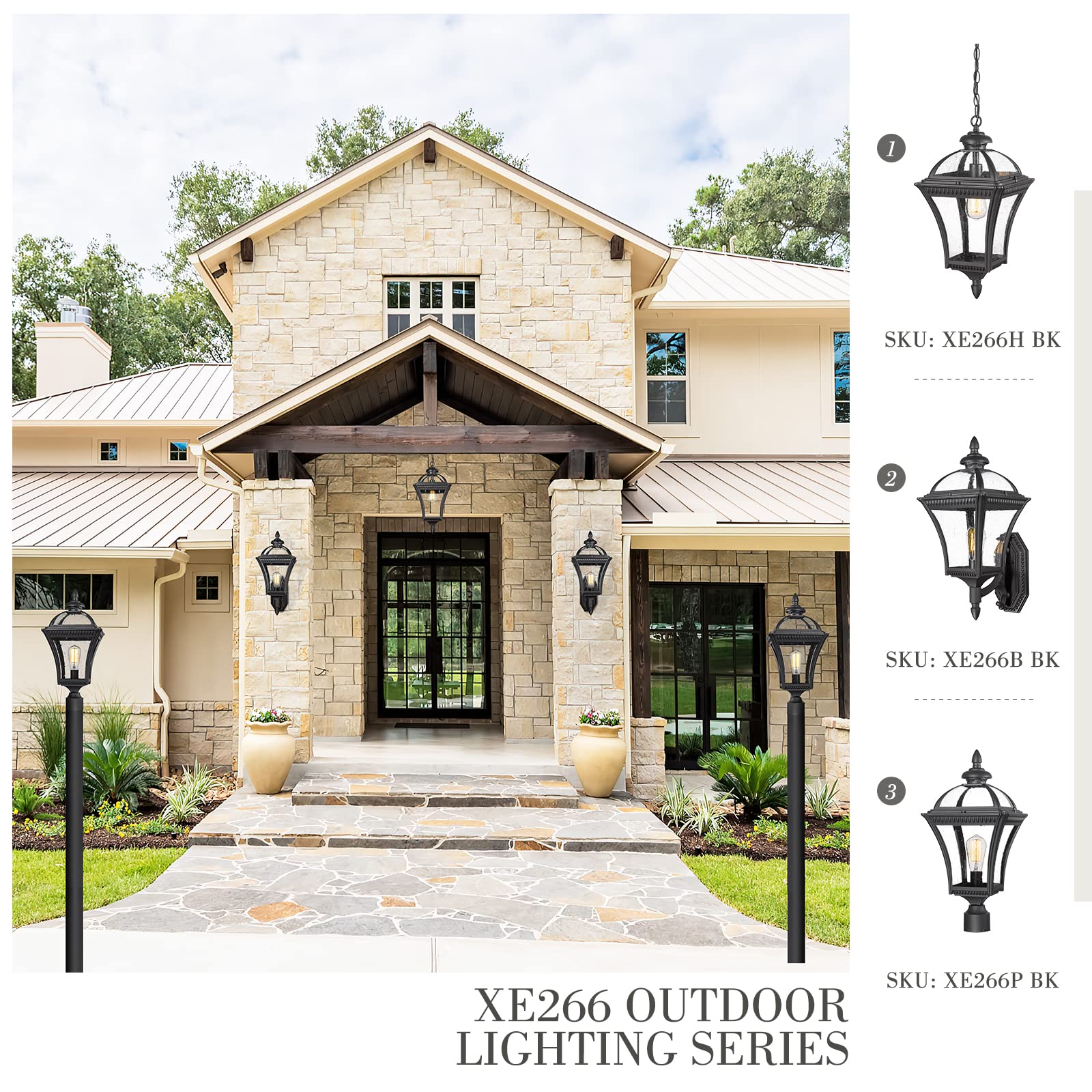 Emliviar Farmhouse Outdoor Pendant Light, 21" Black Hanging Lantern with Seeded Glass for Porch, Model XE266