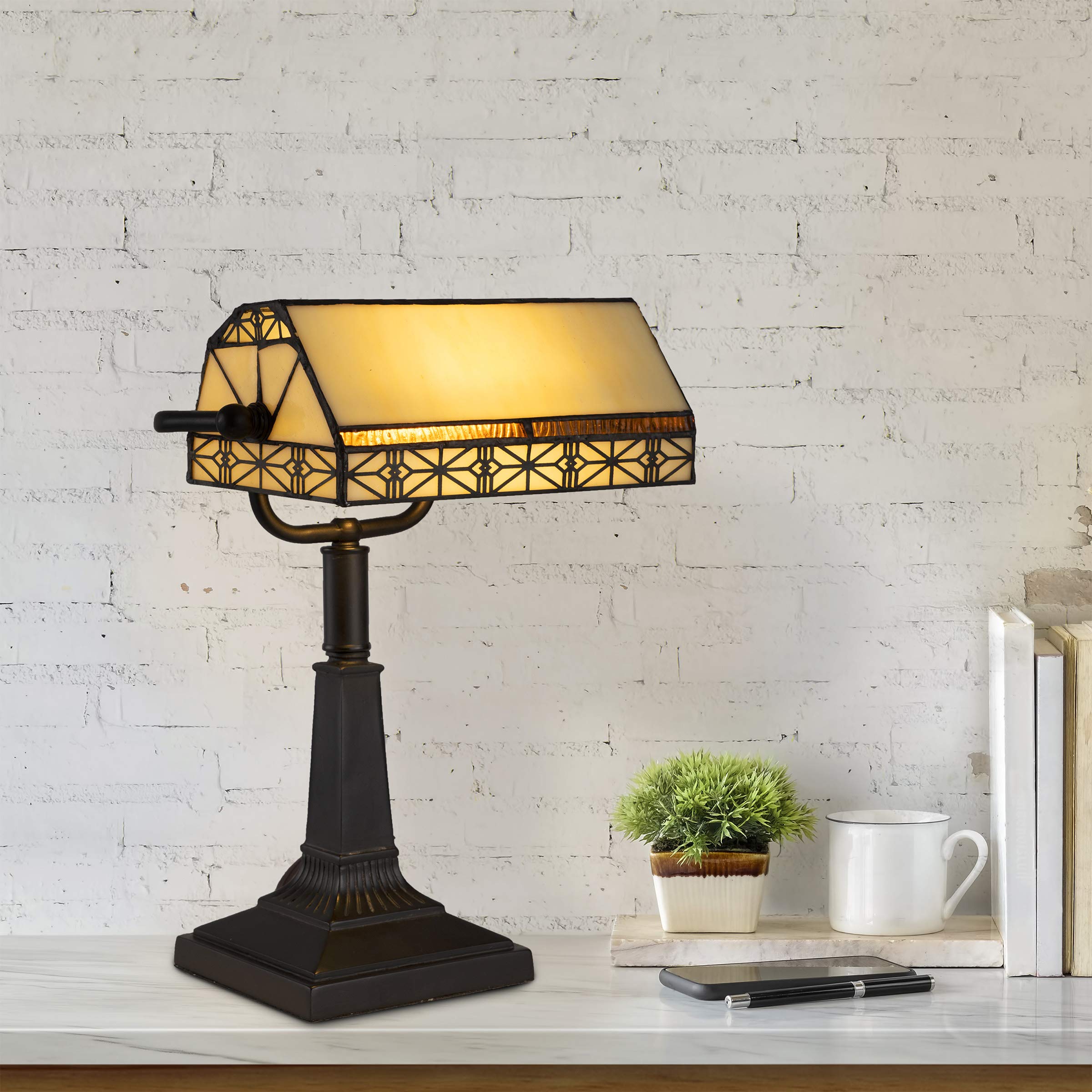 Lavish Home Tiffany-Style Bankers Lamp, Wrought Iron, Dark Brown, LED, 10.5in x 11in x 16in, Model 224656MXG