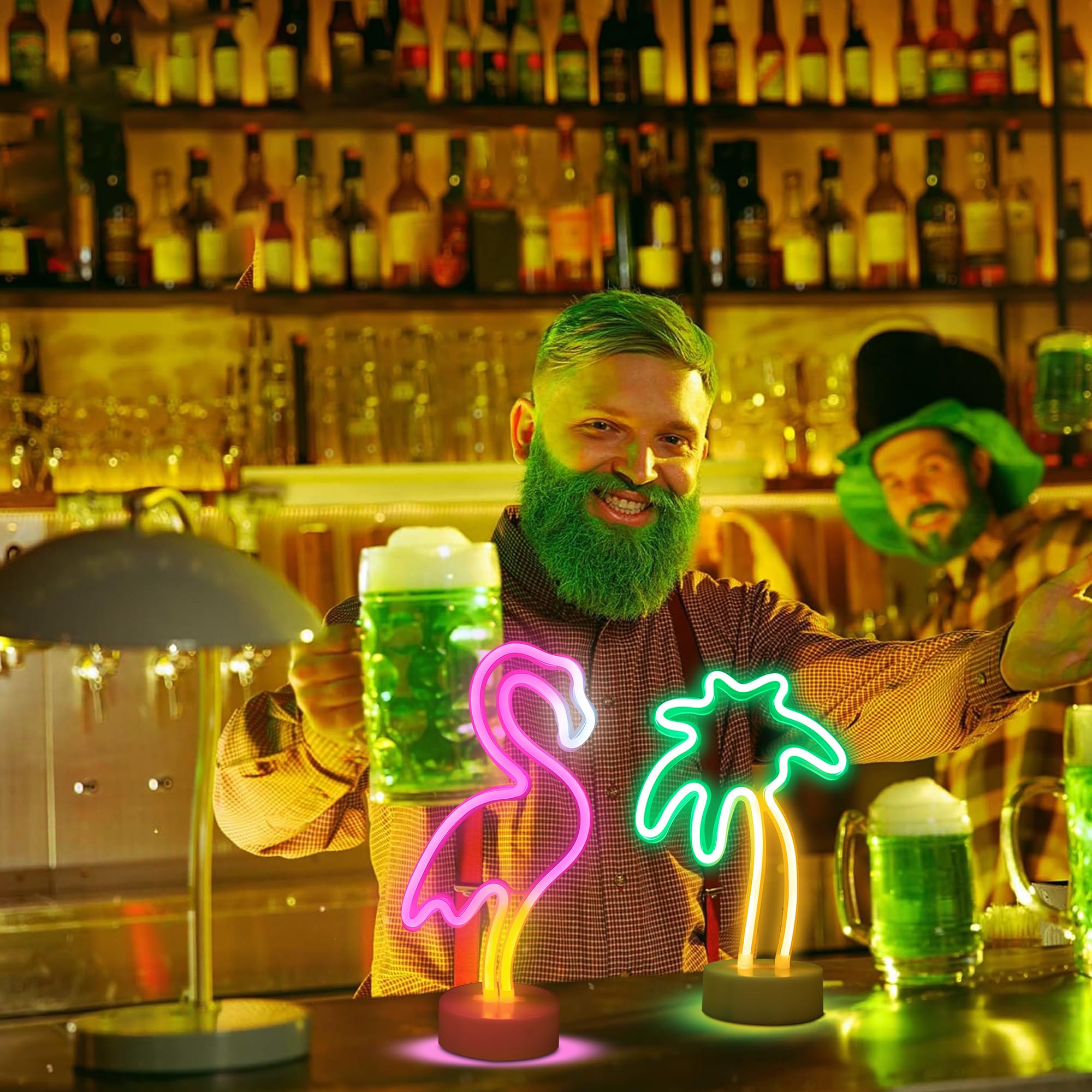 Enuoli Led Flamingo And Coconut Palm Tree Neon Signs Led Battery/Usb Powered Neon Light With Holder Base Decoration Neon Light F