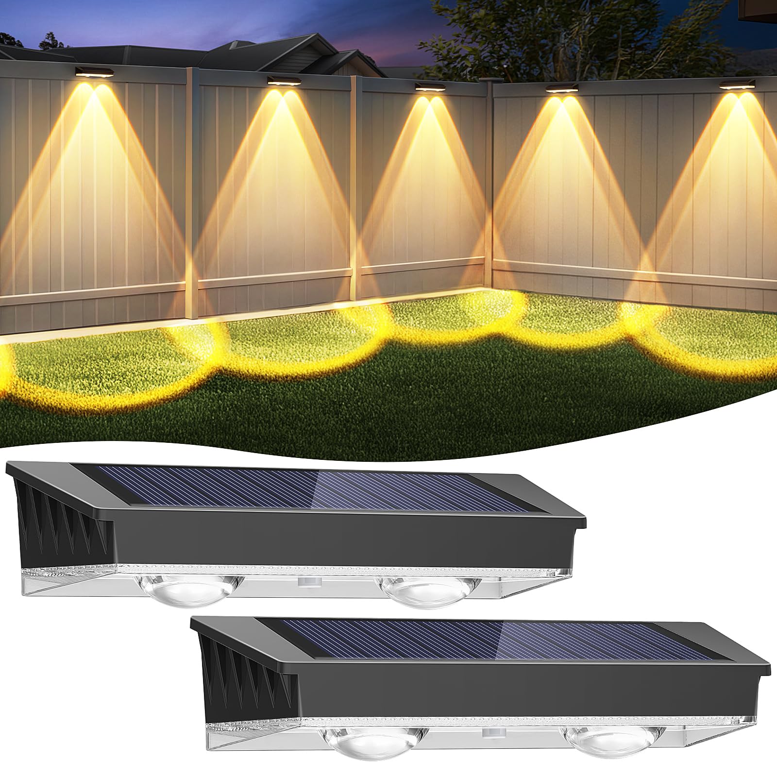Etetale Solar Fence Lights Outdoor, 2 Pack Warm/Neutual/Cool White Fence Solar Lights with 2 LED, IP65 Waterproof, Backyard Pati