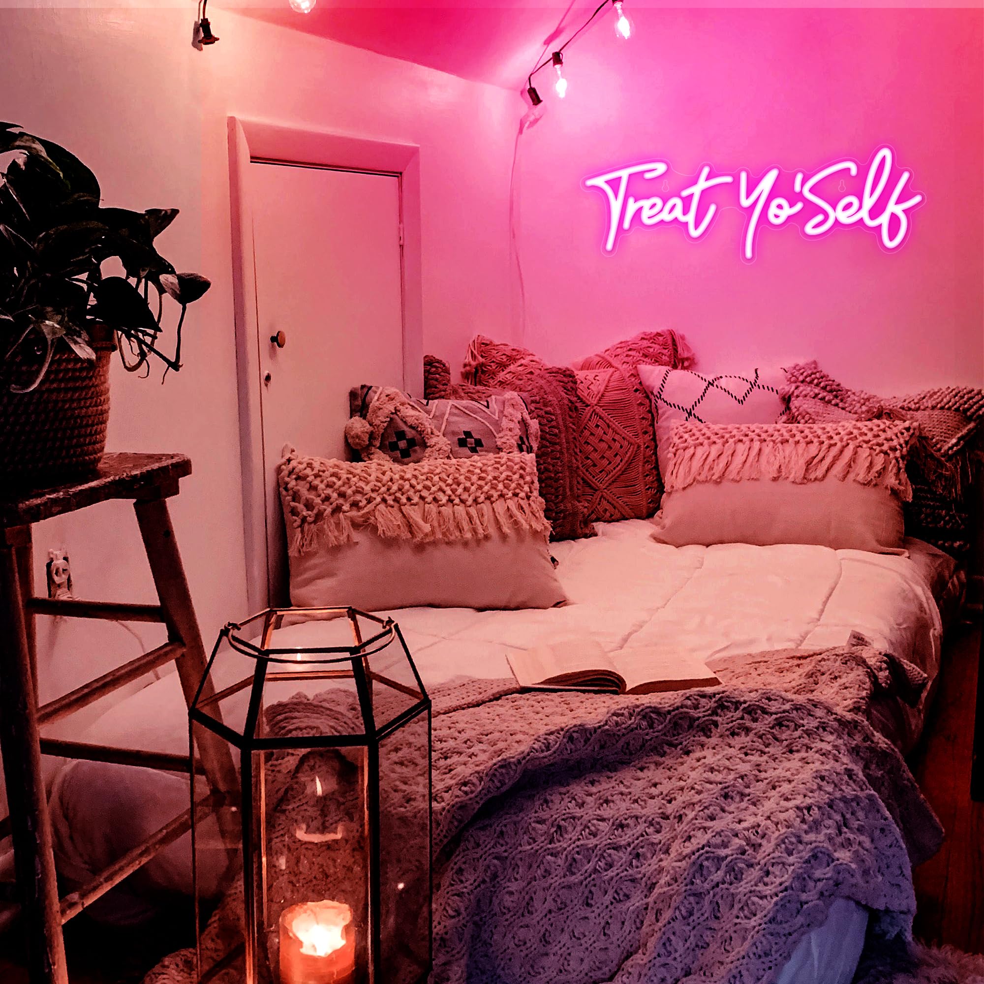 Kavaas Neon Sign - Treat Yourself Pink LED Wall Decor - 16.5"x5.7" Plastic Light Up Sign for Bedroom, Bar, Office, Dorms