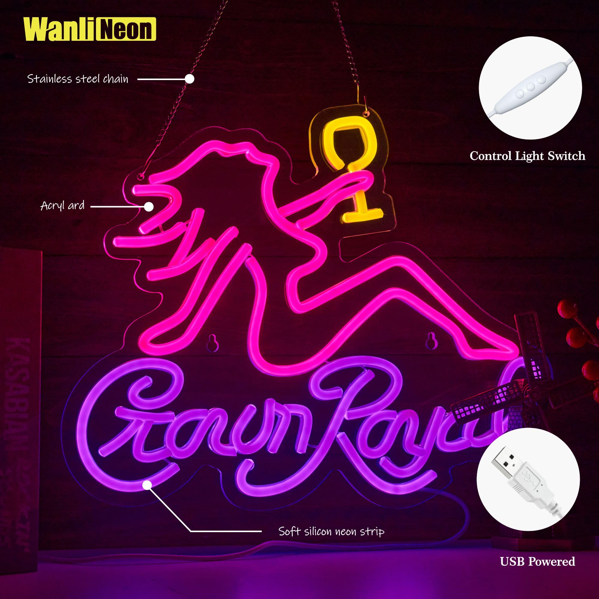 WanliNeon Crown Cheers Neon Sign, LED Bar Decor, 15.7 x 12.6 inches, Acrylic, Pink + Purple, Model: Wanli-Crow-Girl