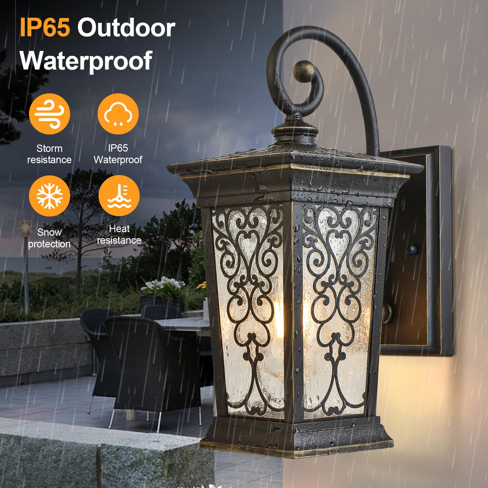 Alvime Outdoor Wall Lights, Waterproof Bronze Lantern, E26 Base, Seeded Glass For Entryway