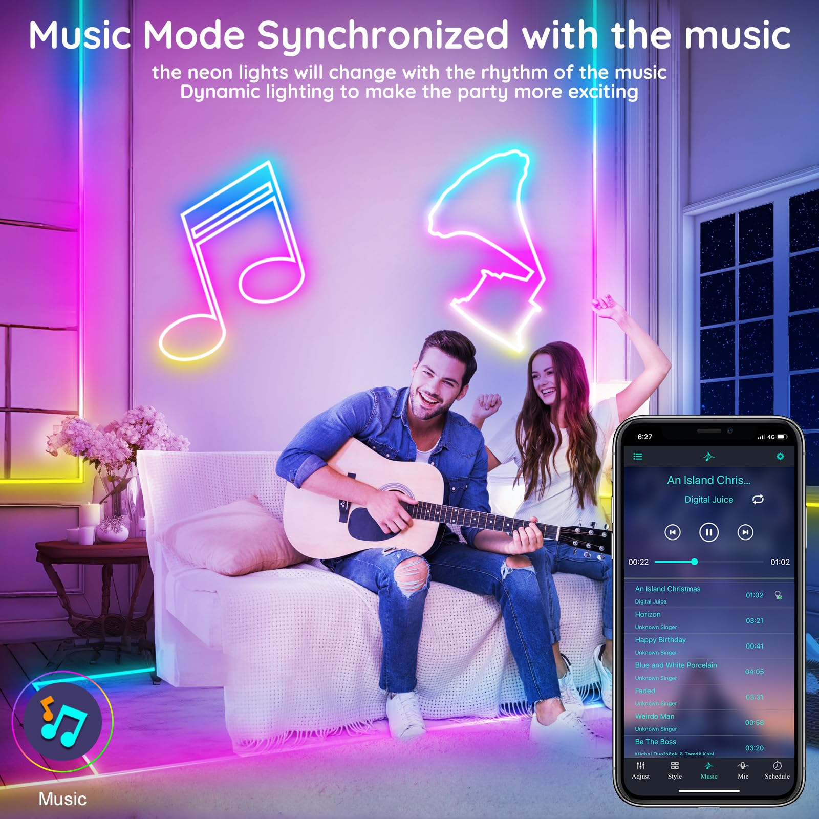 FBZ 20Ft Neon Rope Lights, RGB LED with App/Remote Control, Waterproof, Music Sync for Bedroom Decor