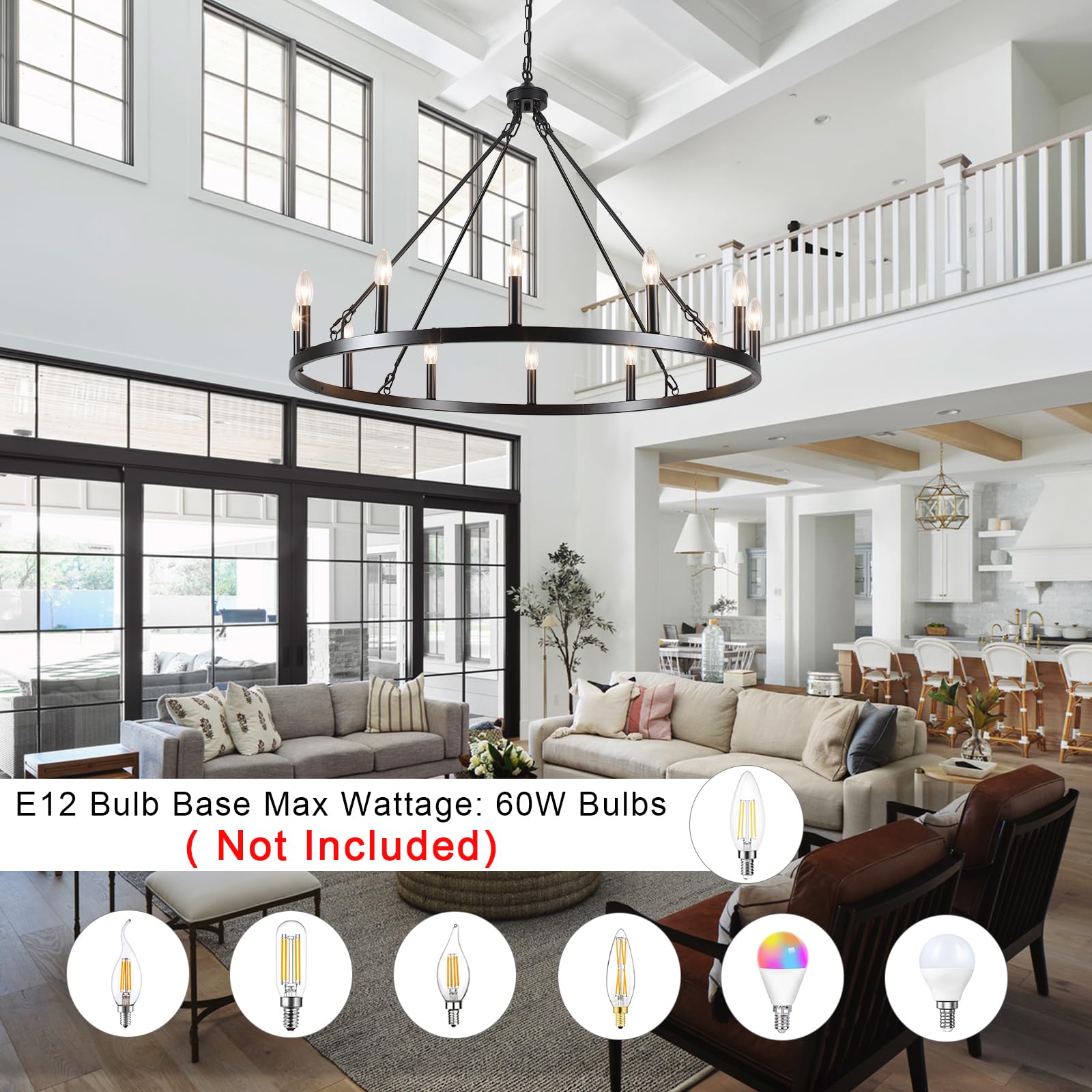 Wagon Wheel Chandelier 12 Light 38'' Large Black Farmhouse Chandelier For Dining Room Rustic Country Pendant Light Fixtures Hang
