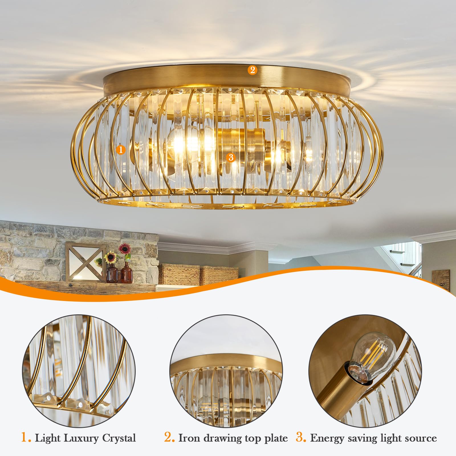 Yyjlx Gold Crystal Flush Mount Ceiling Light Fixture - Modern 3-Light Chandelier For Home