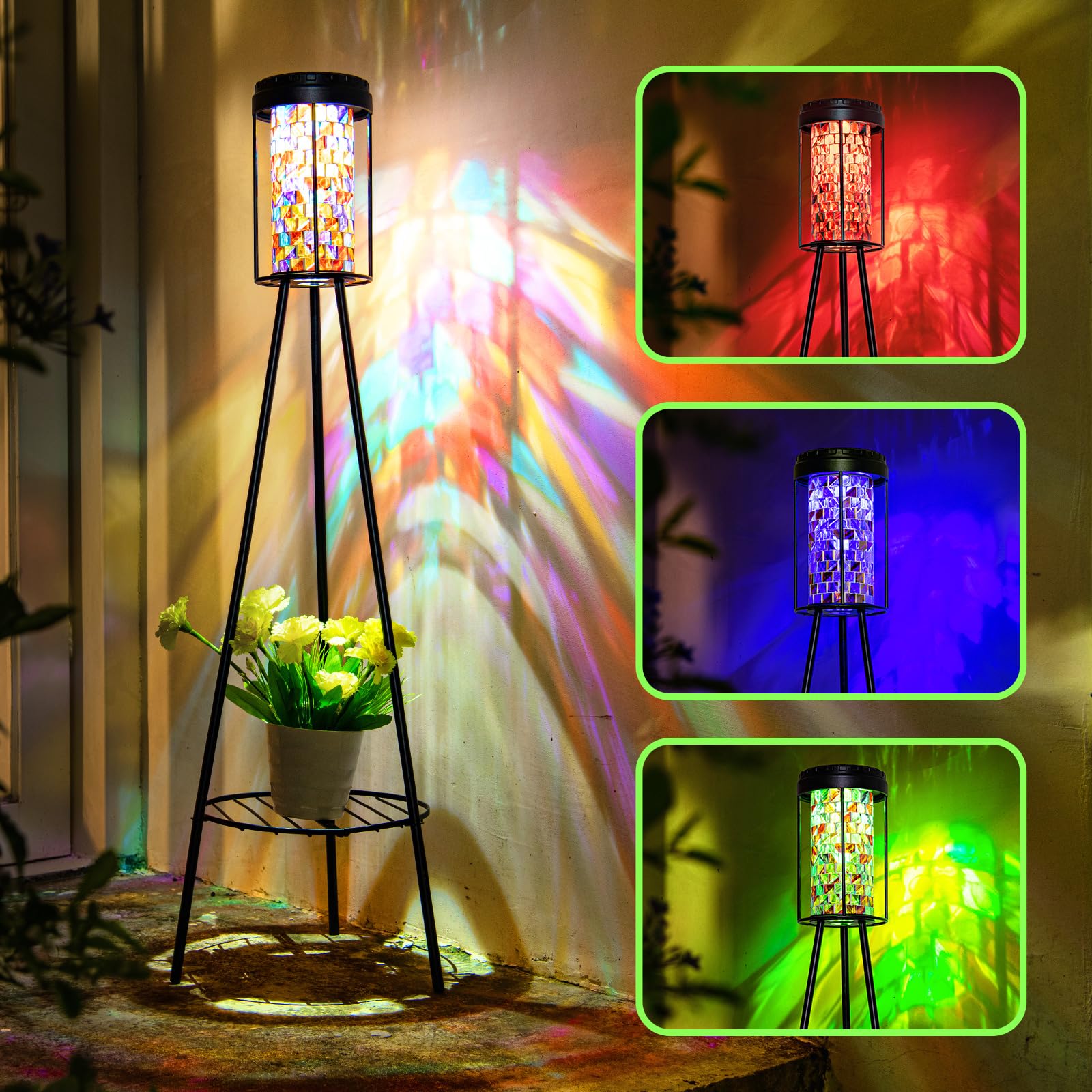 Outdoor Lamps for Patio, Outdoor Floor Lamp with Plant Stand, Solar Powered RGB Lights, Waterproof Standing Lamp for Garden Yard