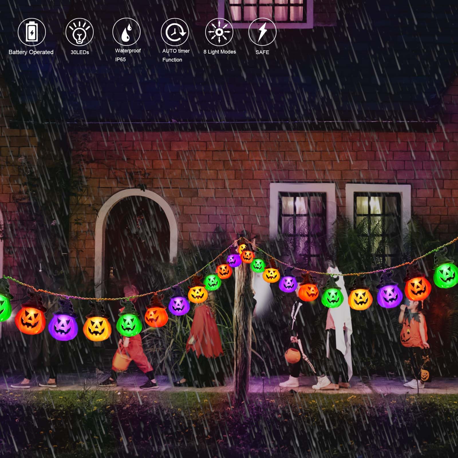 Windpnn Upgraded Battery Operated Halloween Pumpkin Lights, 30 Led, 8 Modes, Waterproof, Indoor Outdoor Use(Orange & Purple & Green Red)