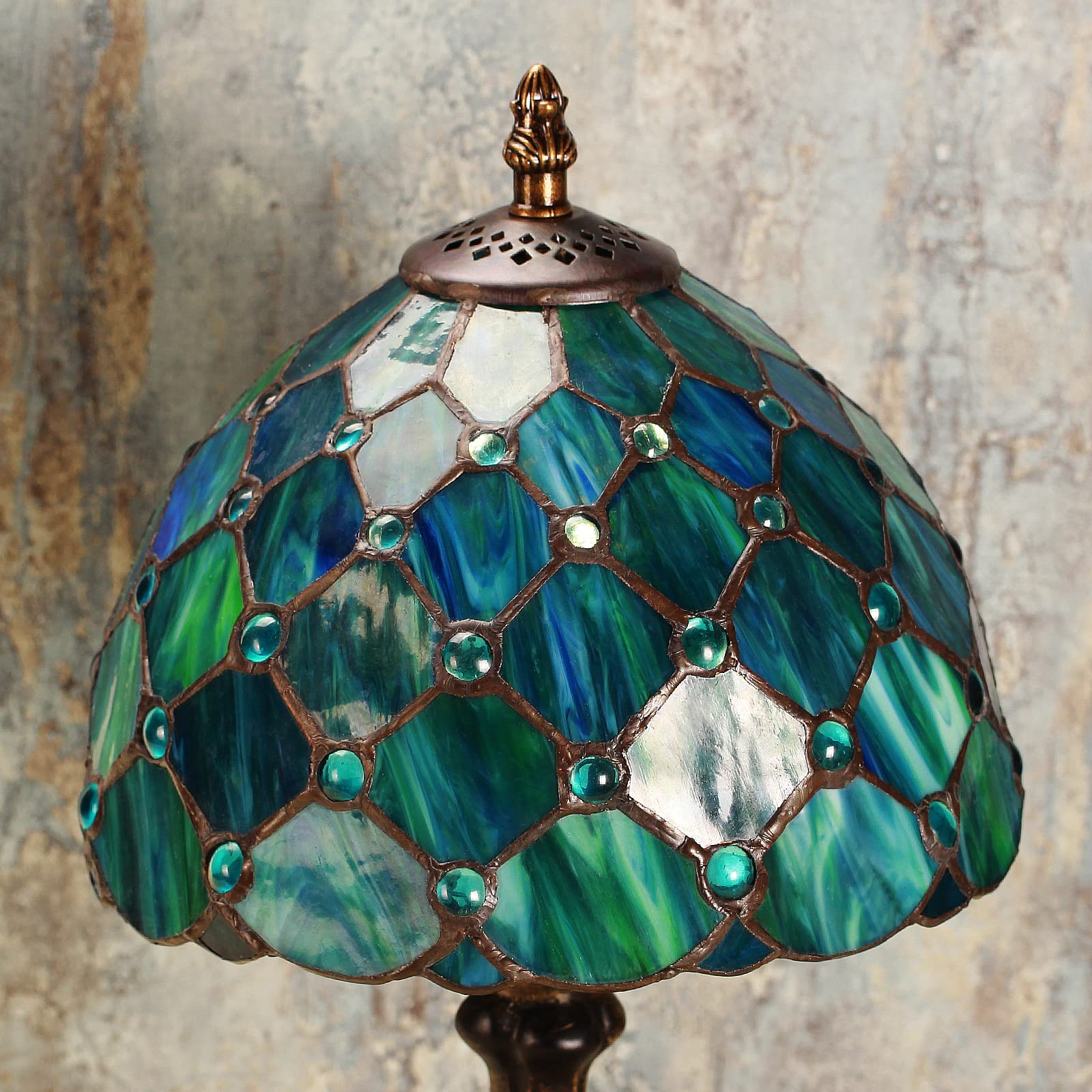 Miaoke Tiffany Table Lamp, Handmade Stained Glass Nightstand Light, Green Bead Decor