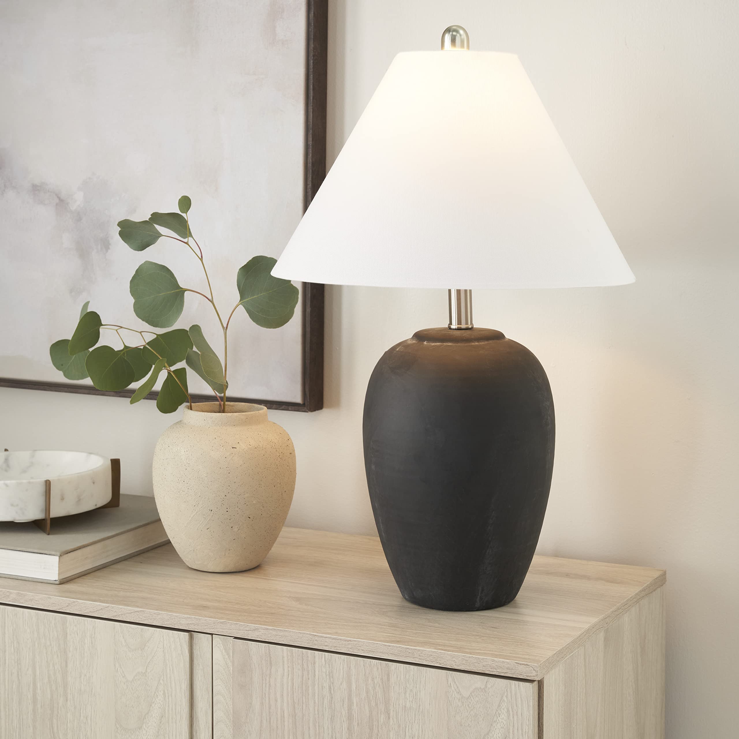 Nourison 23'' Black Vintage Distressed Ceramic Pot Table Lamp For Bedroom, Living Room, End Table, With White Conical Empire Sha