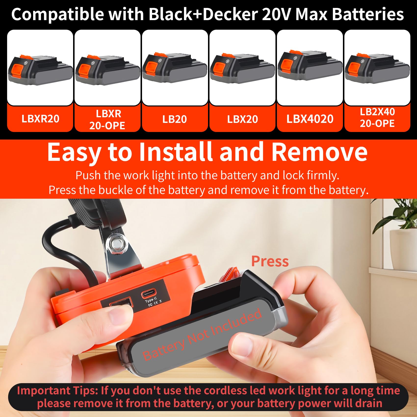 Fiihio Cordless LED Work Light Compatible with Black+Decker 20V Max Battery, 90W 7000LM Flood Light with USB & Type-C, Low Volta