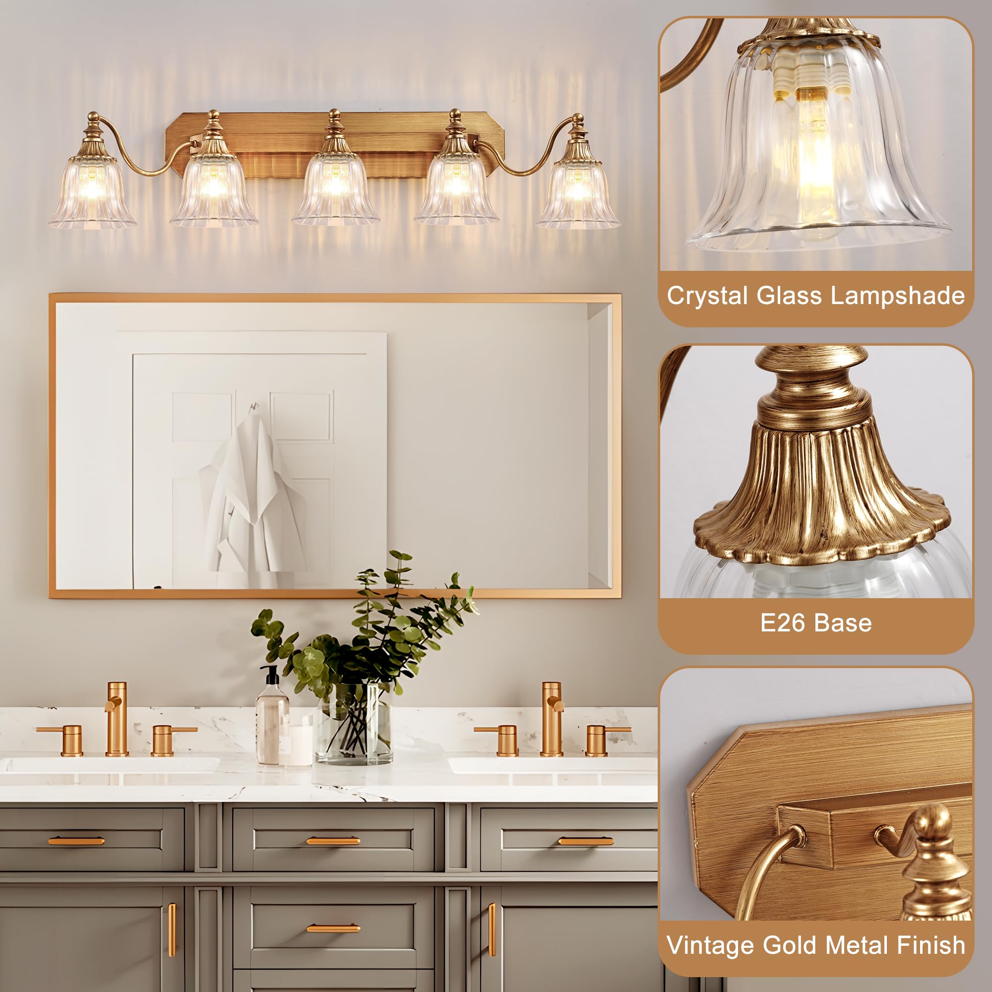 Dvmteom Gold Vintage Bathroom Light Fixtures  5-Lights Bathroom Vanity Light  Antique Brushed Gold Lighting Fixtures Over Mirror With Crystal Glass Shade  Wall Sconce Lighting