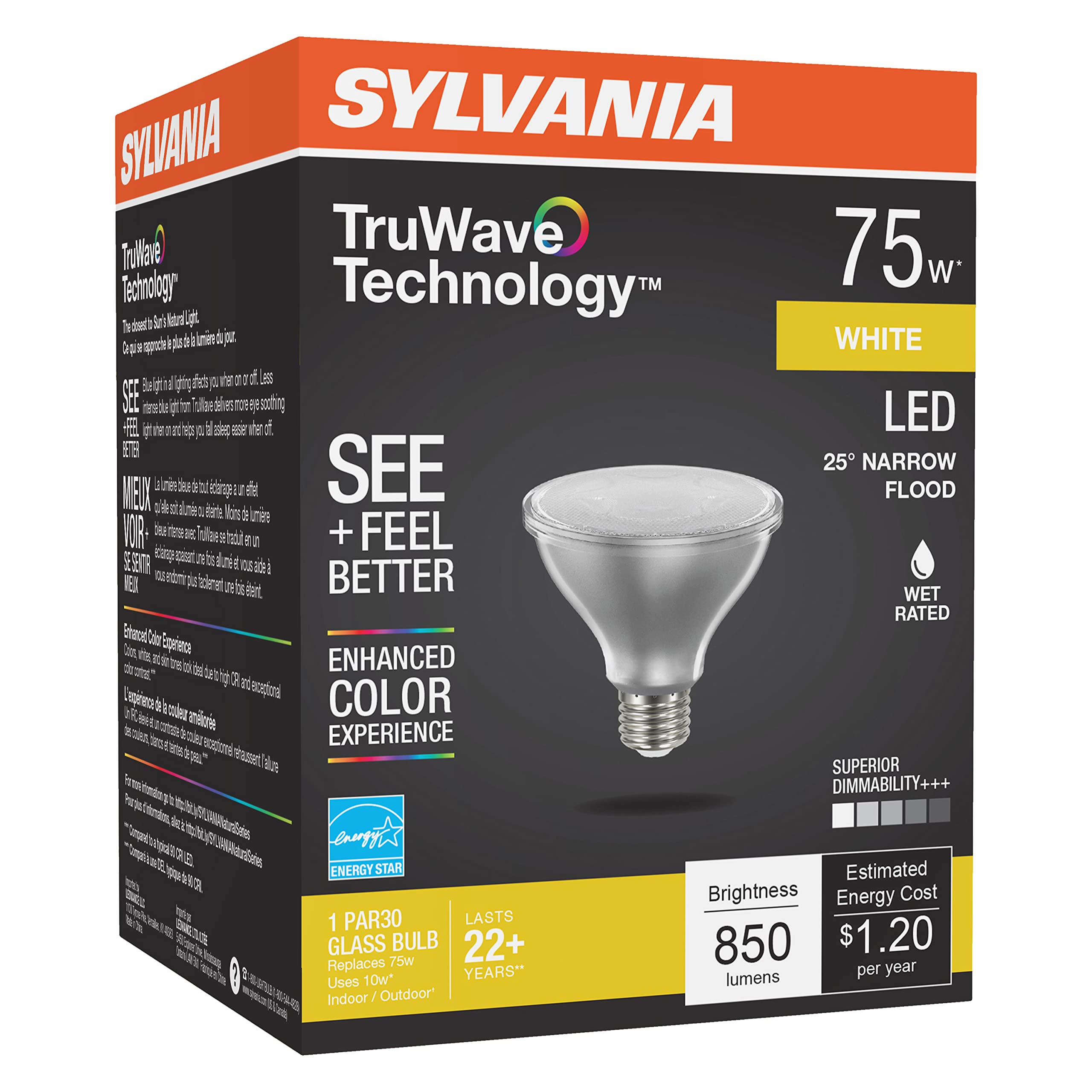 LEDVANCE Sylvania PAR30 LED Light Bulb, 75W Equivalent, 9W, Dimmable, 3000K White, Glass, 1 Count, Model 40914