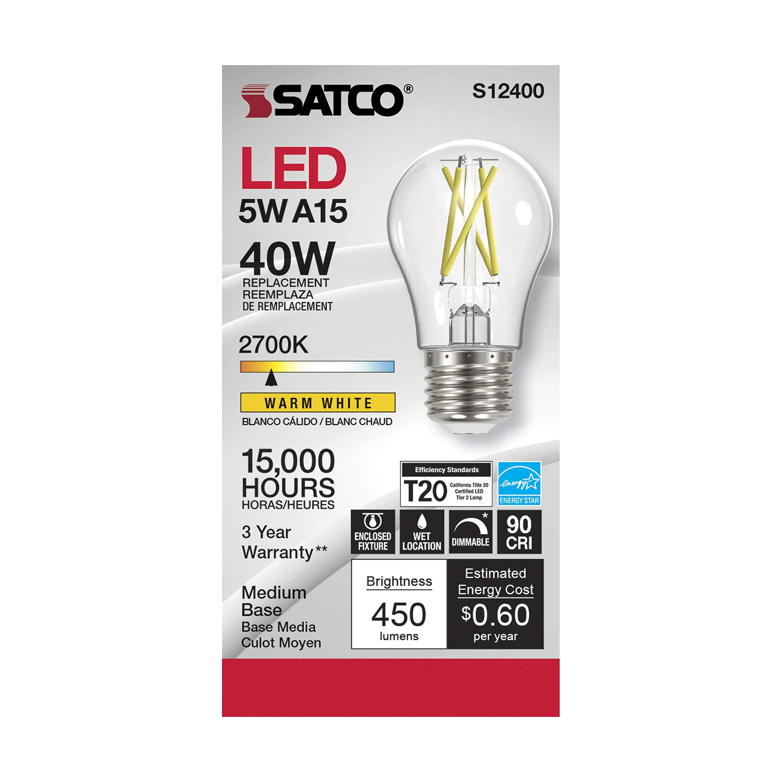 Satco (6 Pack) Vintage Edison Dimmable Led Filament Bulb, S12400, High Lumens, 5 Watt, A15; Clear; Medium Base; 2700K; 90 Cri; 120 Volt For Use At Residential, Hospitality, Display And Commercial