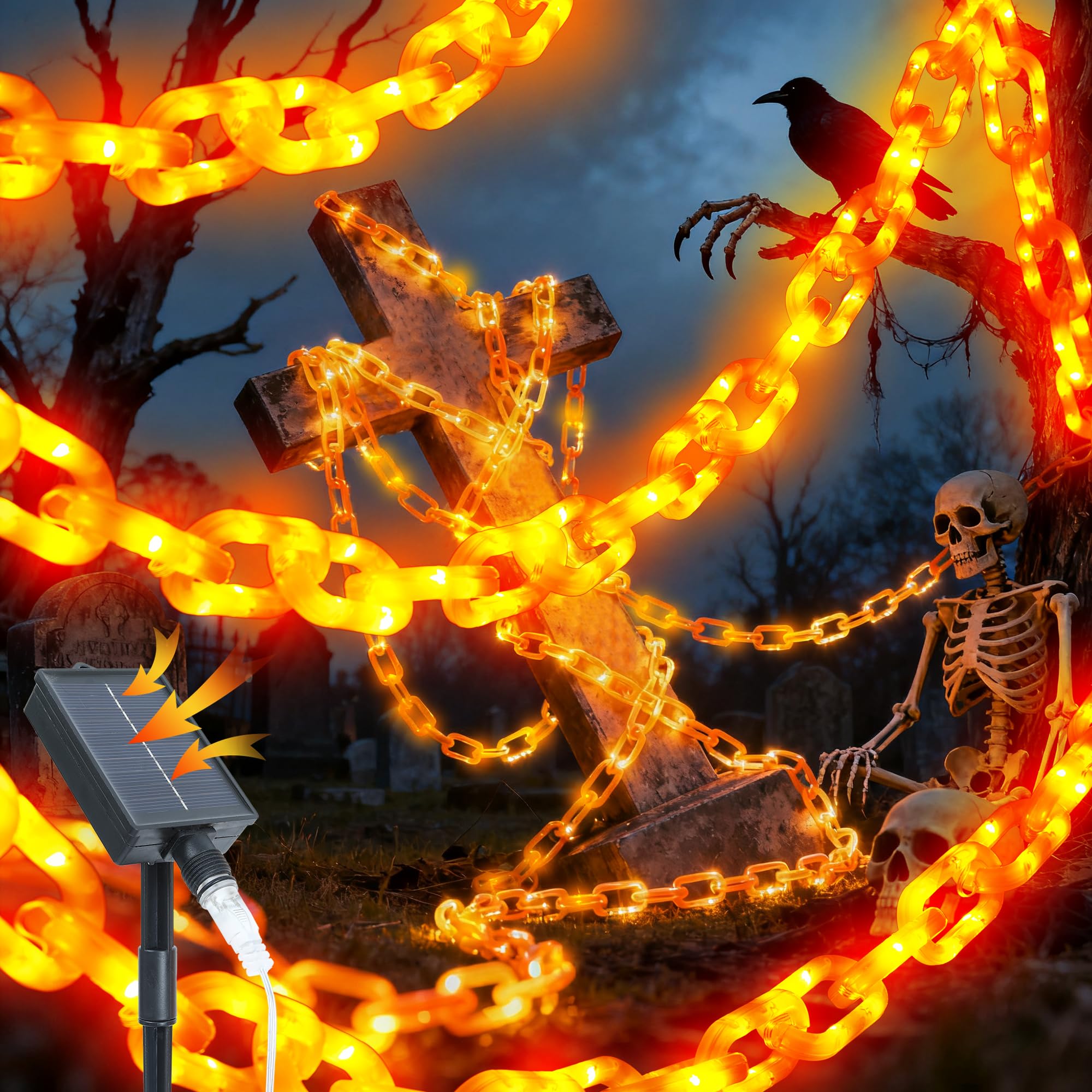 Halloween Decoration Solar Light String 6.6Ft  100 Led Orange Chain Lights. Ip44 Waterproof  8 Lighting Modes. Perfect For Horror Costume Accessories  Haunted House Courtyards & Halloween Party Decor.