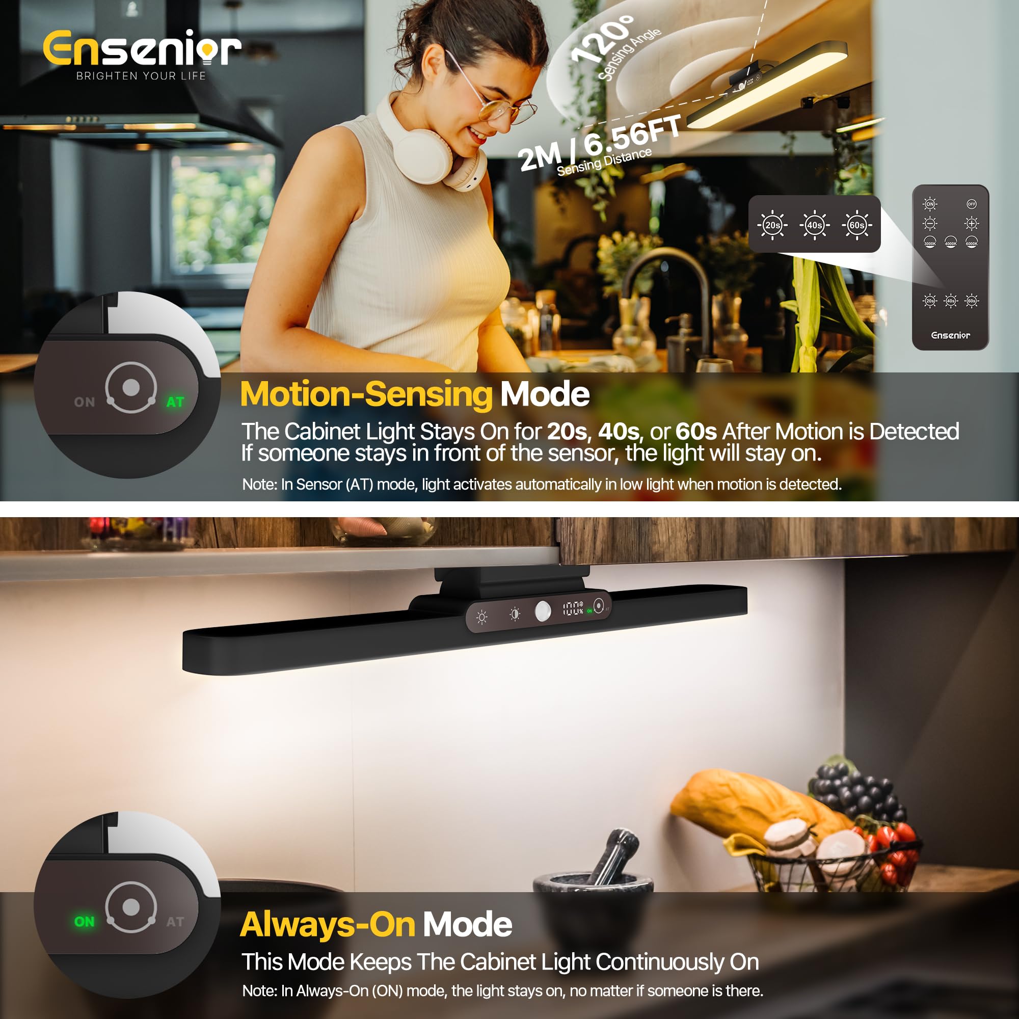 Ensenior 14" Motion Sensor Light Bar - Stepless Dimming, Remote, Rechargeable 2000mAh, Indoor Use for Kitchen, Cabinet, Closet