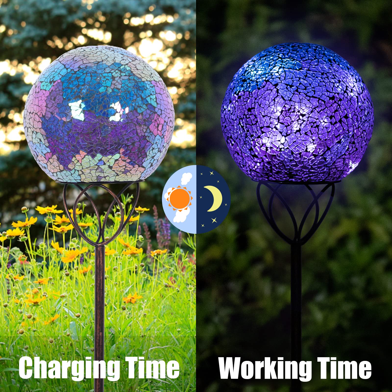 Vcuteka Mosaic Solar Garden Lights - Waterproof Glass Ball Led Stake Light, Purple, 6 Inch