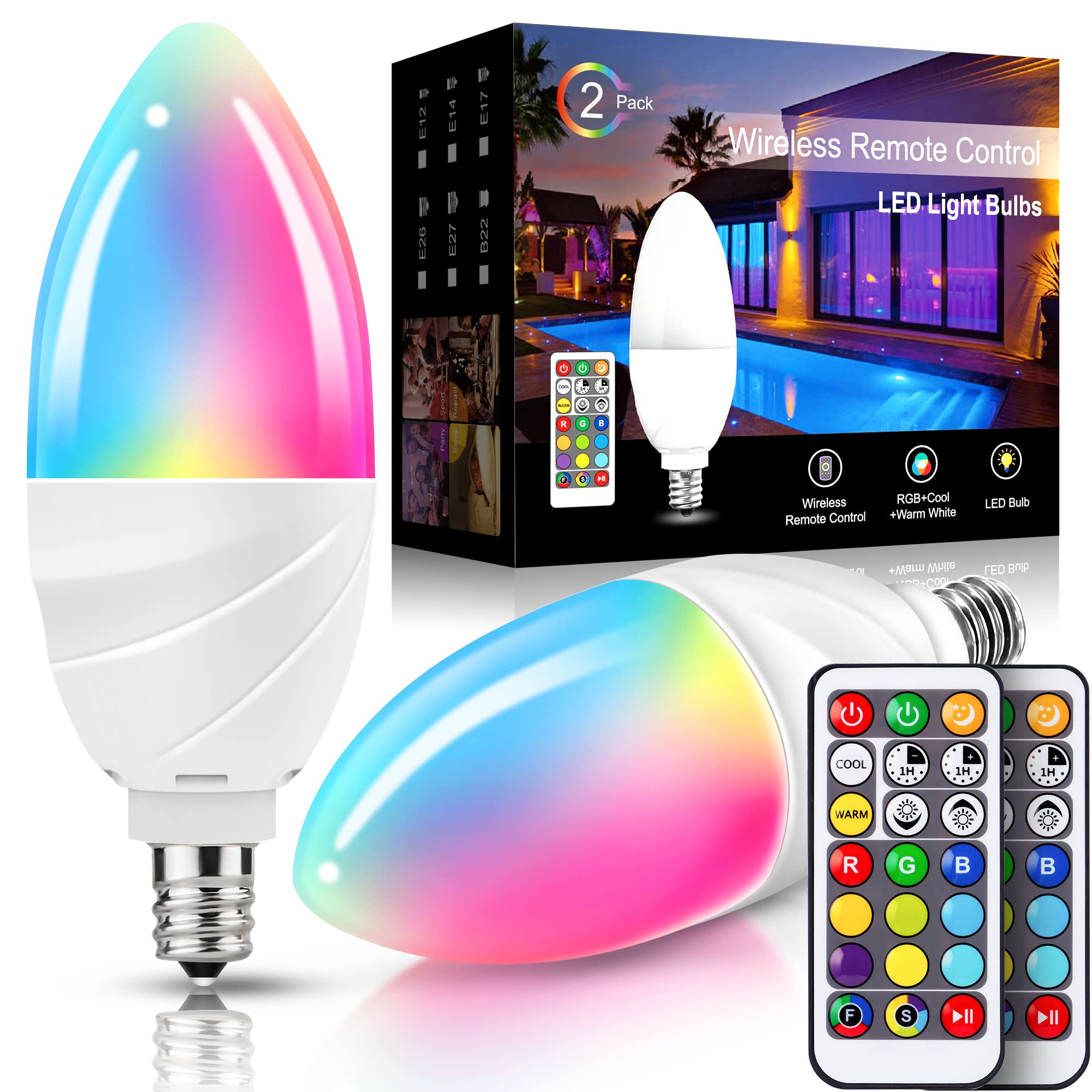 JandCase E12 Candelabra Color Changing Led Light Bulb, Multi-Color RGB+Warm White+Cool White, Timing by Remote Control, 5W(40W Equivalent) 350lm, for Home, Party, Christmas, 4 Pack