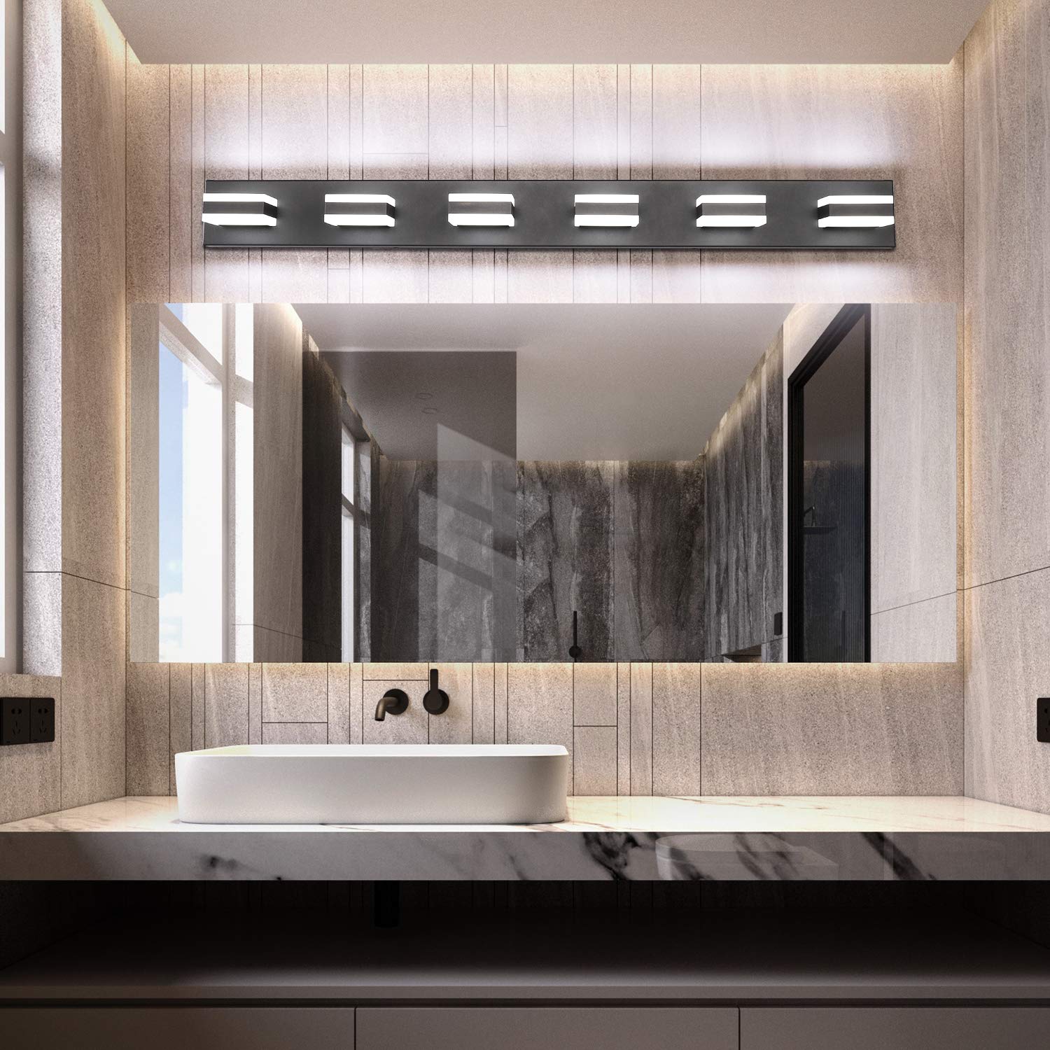 SOLFART Modern LED Dimmable Bathroom Wall Light, 6 Lights, Matt Black Metal with Acrylic, Model S8568-6T-6000K