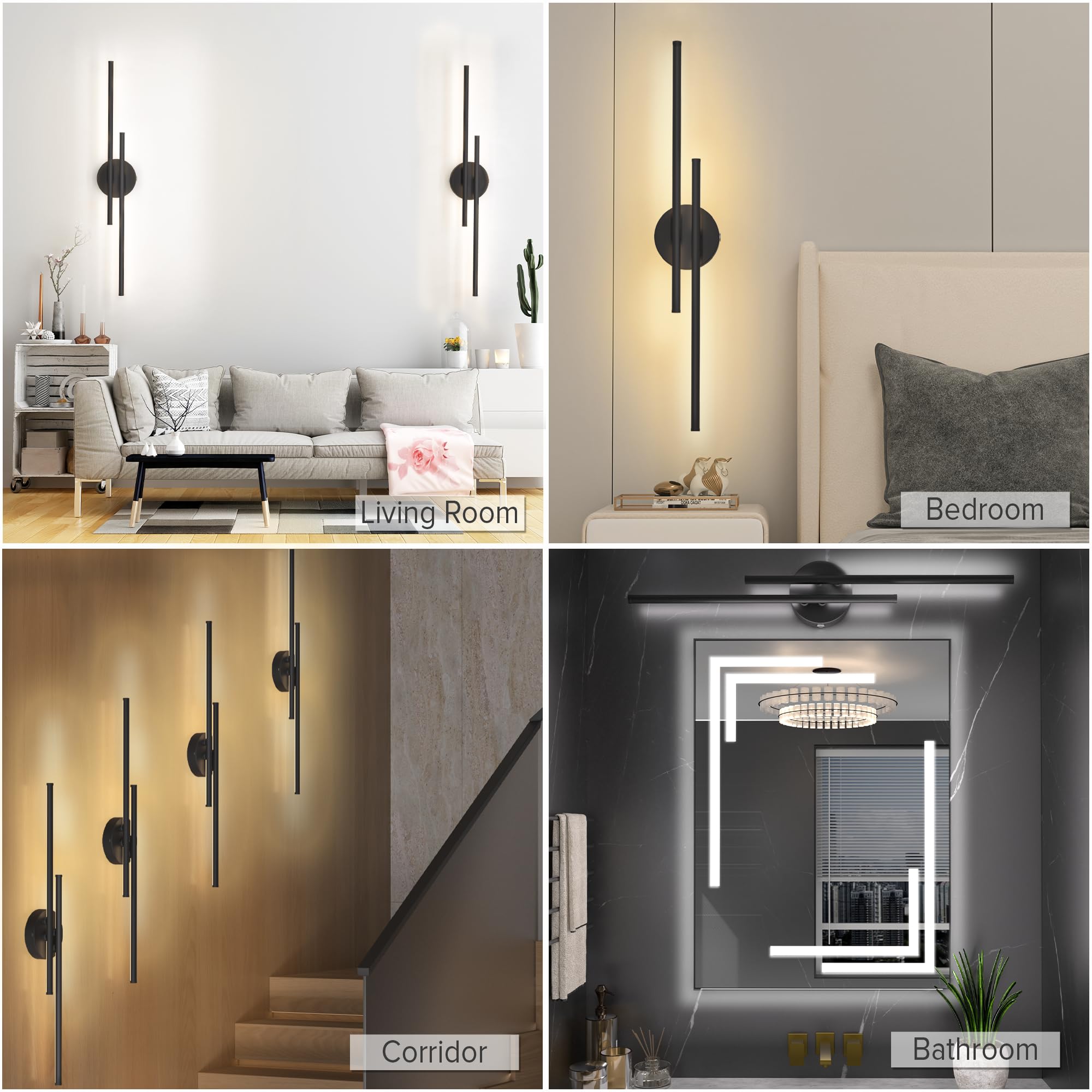 Floisdace Wall Sconce Set of Two, 8000mAh Battery Operated, Dimmable LED, 3 Colors 3000K-6000K, Wireless, Black, Model