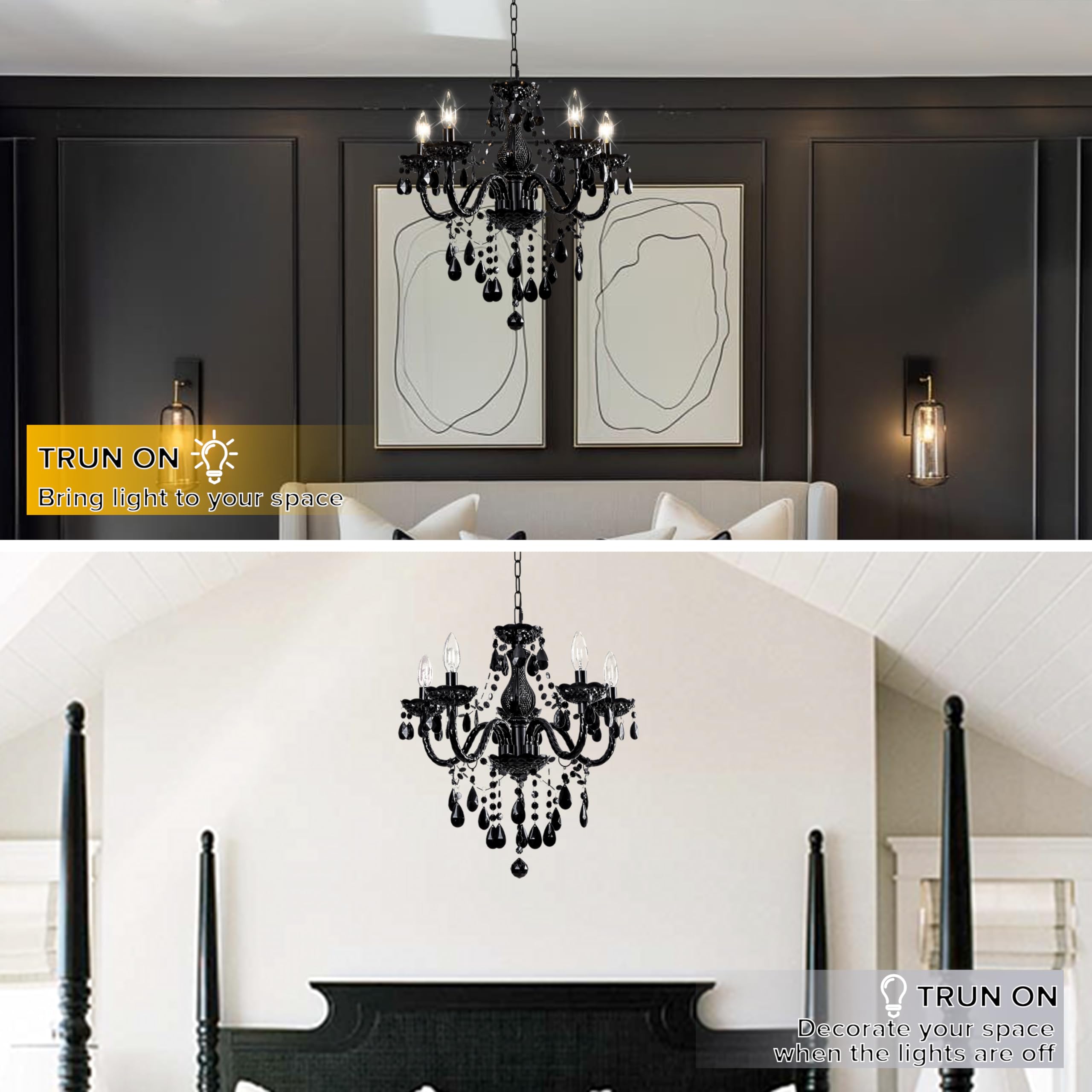Black Modern 5-Light Crystal Chandelier Acrylic Hanging Pendant Light With Plug-In Cord & Switch, 19X19.7 Inch For Kitchen Islan