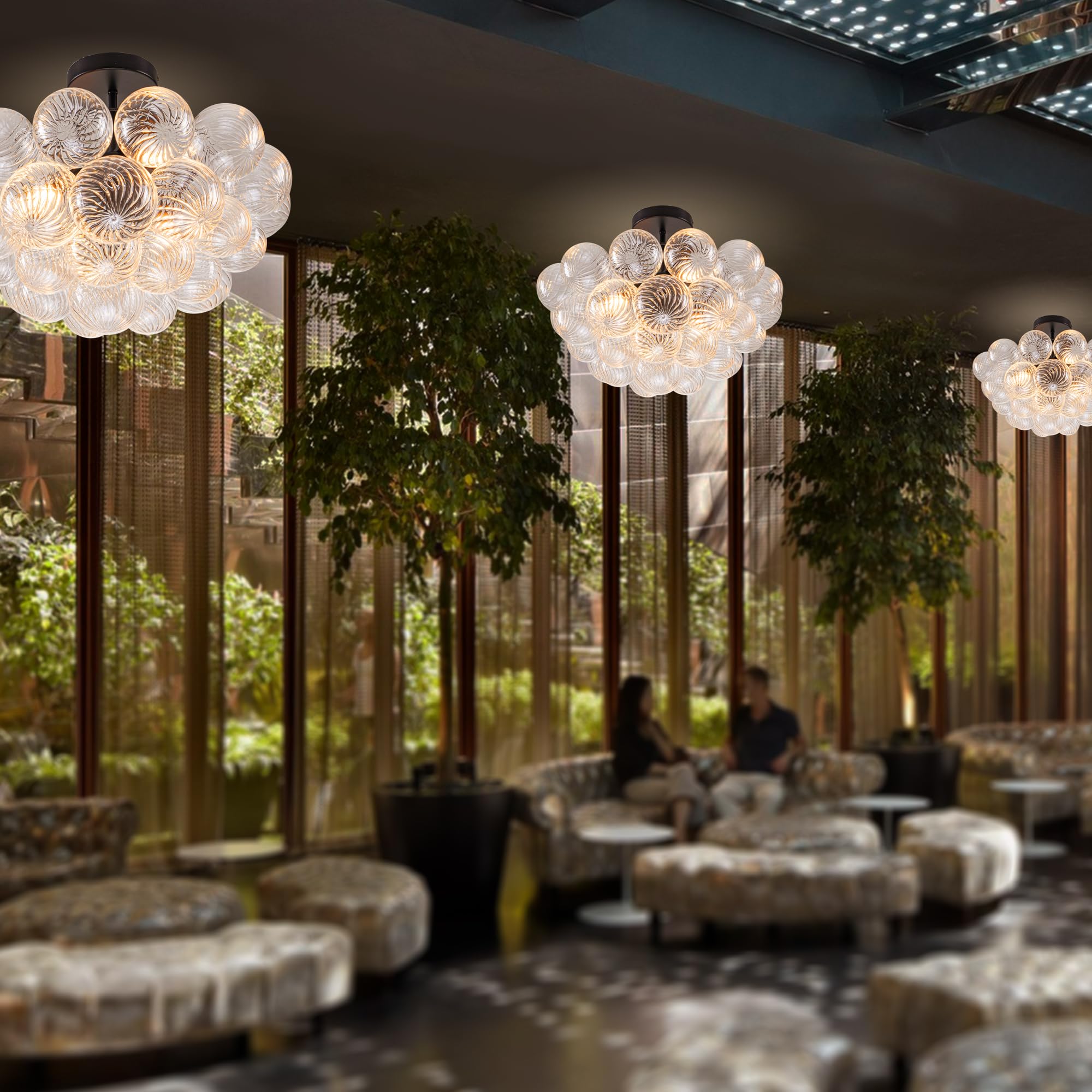 Beypan Bubble Ball Glass Chandelier Black Finish Clear Ribbed Blown Glass Globe Chandeliers Semi Flush Mount Ceiling Light Fixtu