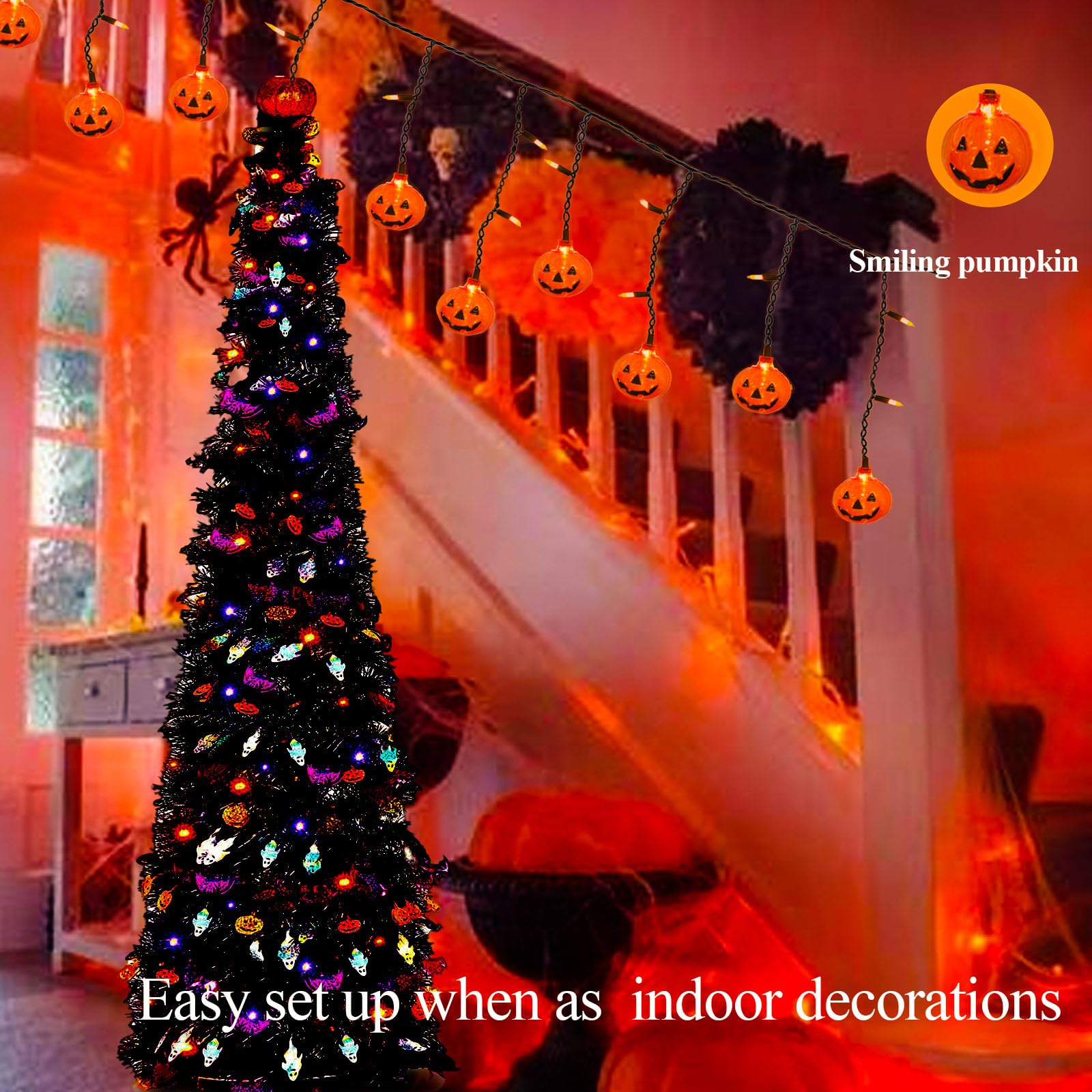 Halloween Pumpkin Curtain Lights, 25 Led 7Ft Halloween Pumpkin String Lights With 10 Jack O Lantern Lights Connectable For Halloween Window Bedroom Camper Party Decorations Indoor And Outdoor