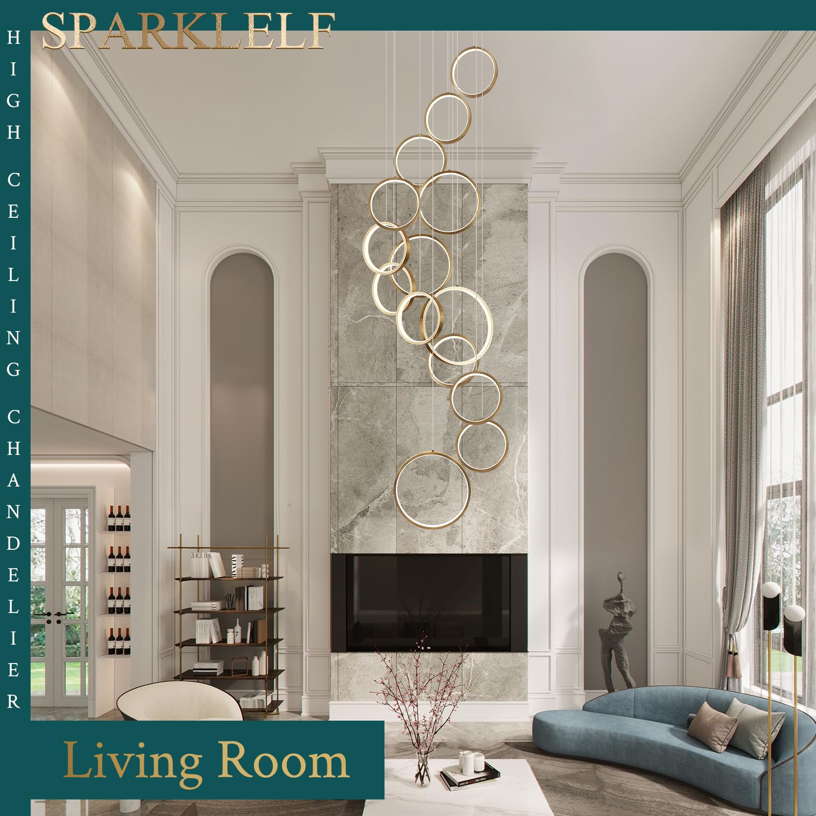 Sparklelf 14-Light LED Chandelier, Dimmable Gold Modern Pendant Light for High Ceilings, Entryway, Dining Room, Aluminum, 3000-6500K