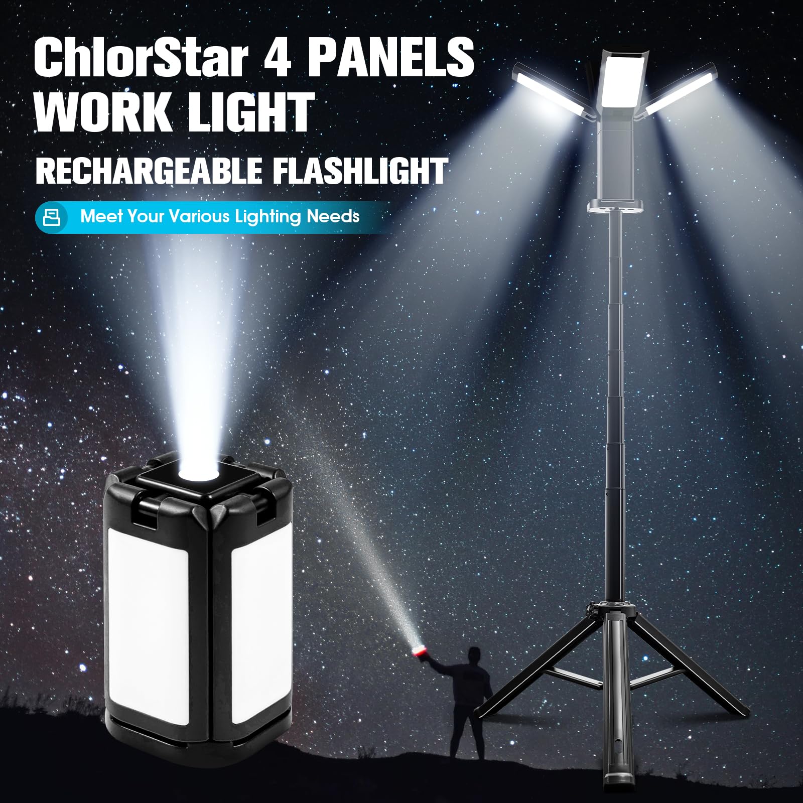 Chlorstar 14000Mah Rechargeable Work Lights With Stand Camping Light Stand, Rechargeable Work Light Tripod Stand, 270 Adjustable