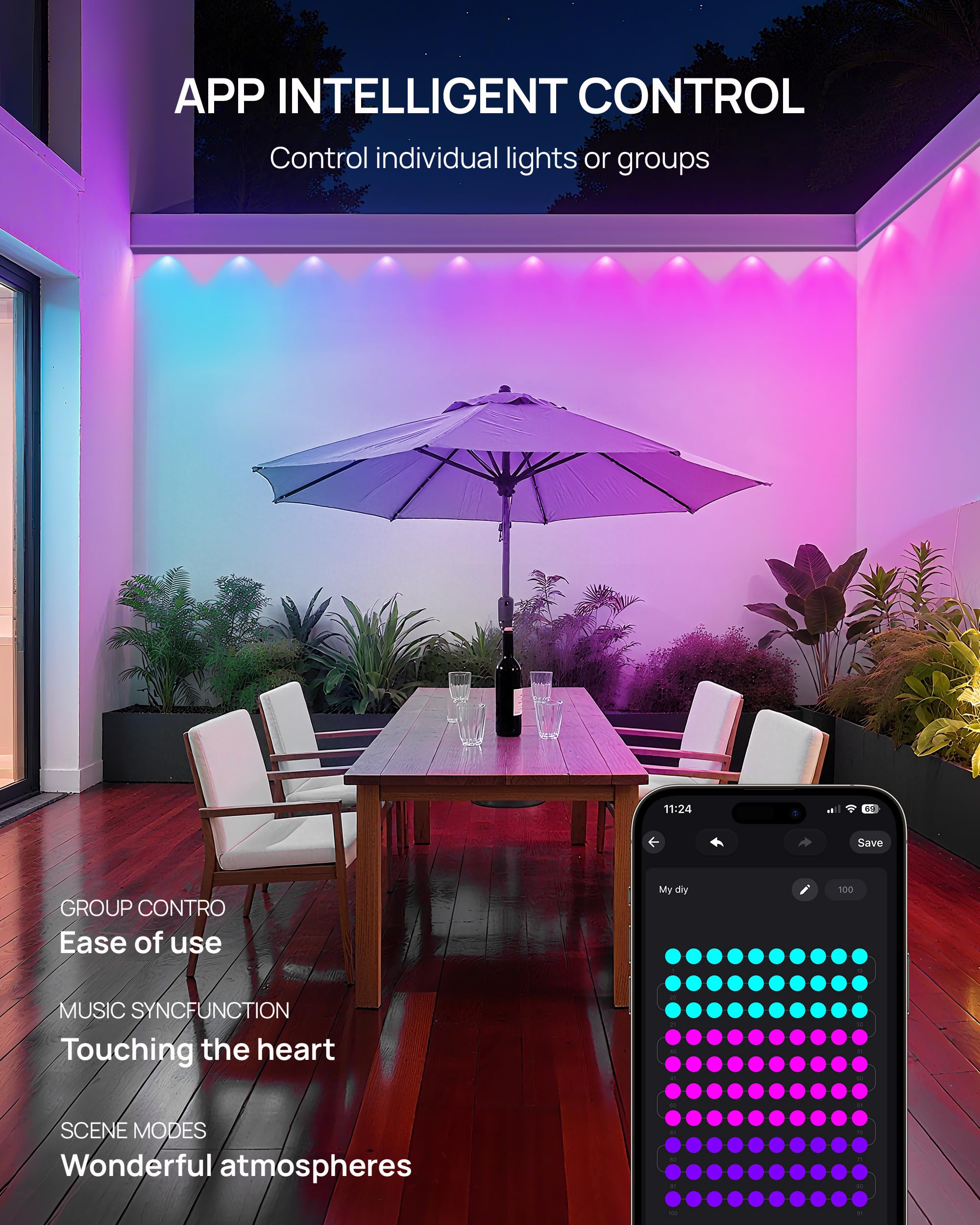 VCOKEN 111FT Smart RGB LED Outdoor Lights, IP65 Waterproof, App Control, White, Model AED36H-2401500VLSO8, Perfect for Holiday Decor