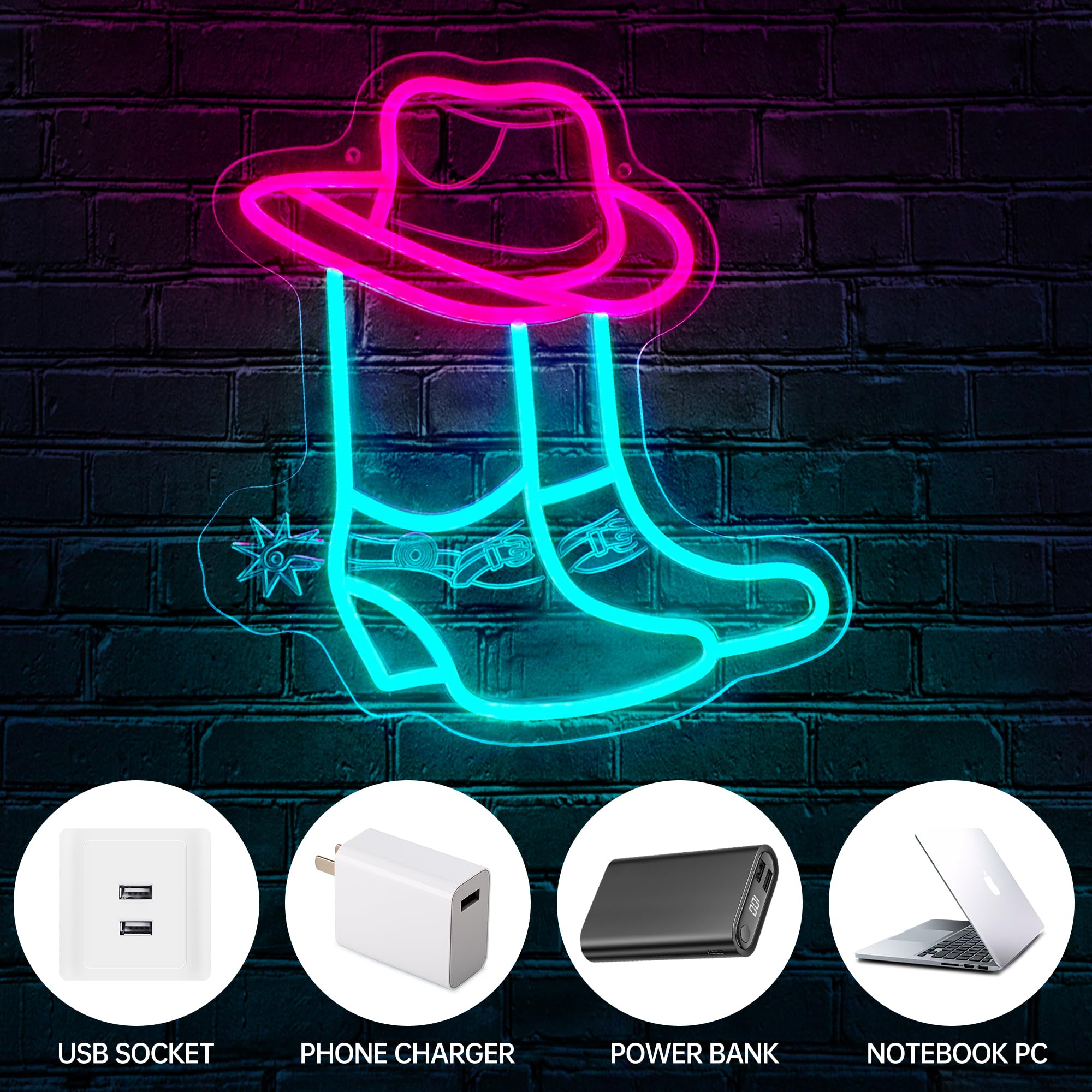 Cowboy Boot Neon Signs For Wall Decor-Cowgirl Boots With Hat Neon Signs For Decor  Pink Aesthetic Western Wall Art  Cowboy Led Sign For Game Room Bedroom Party Bar  Birthday Christmas Gifts  Dimmable Switch Usb Power  Adhesive Hook Included