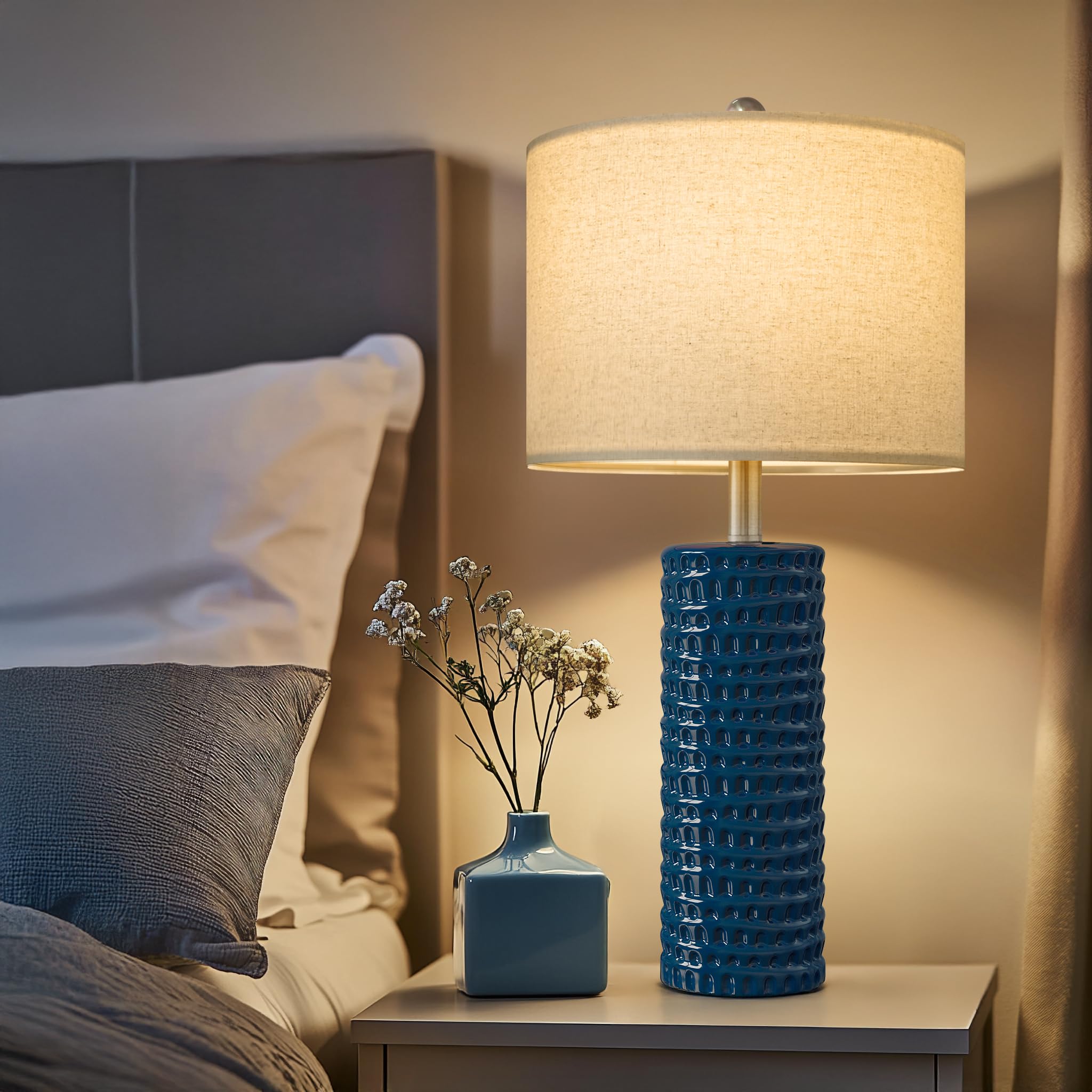 PORTRES 24.75" Modern Ceramic Table Lamp Set of 2 - Blue Accent Lamps for Bedroom, Living Room, Office, Study Room, Farmhouse Decor