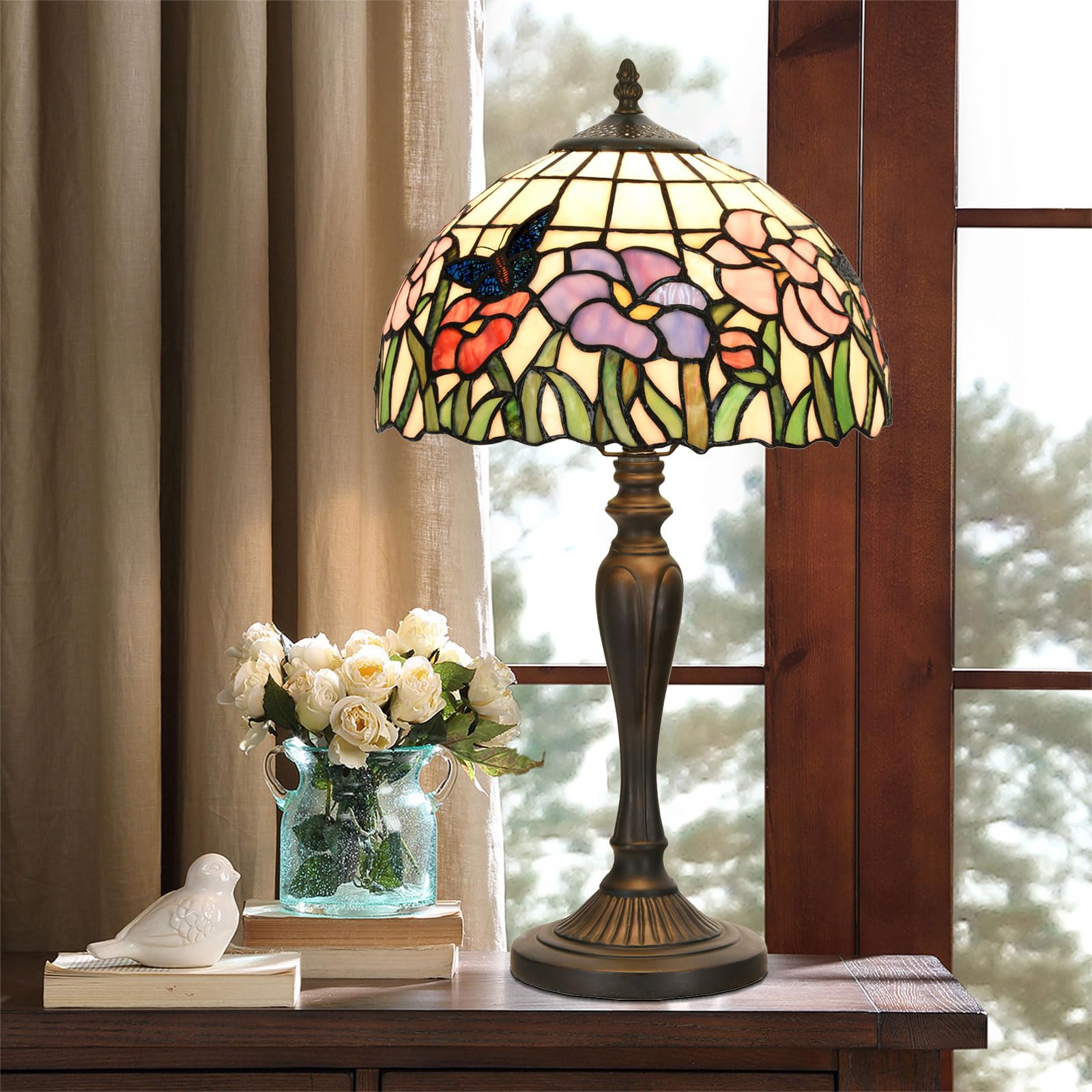 HomeBeauty Tiffany Table Lamp - Vintage Stained Glass Flowers & Butterflies, 12x21.5 Inches, Perfect for Bedroom & Living Room Decor