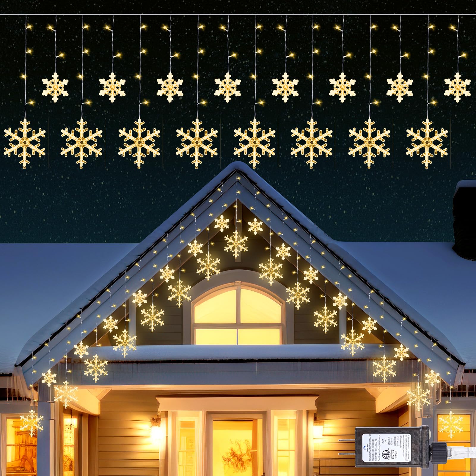 Minetom Christmas Snowflake Lights - 13ft, 192LED, 12 Modes, Timer, IP65 Waterproof, Warm White, Model DMO-I-50~1200