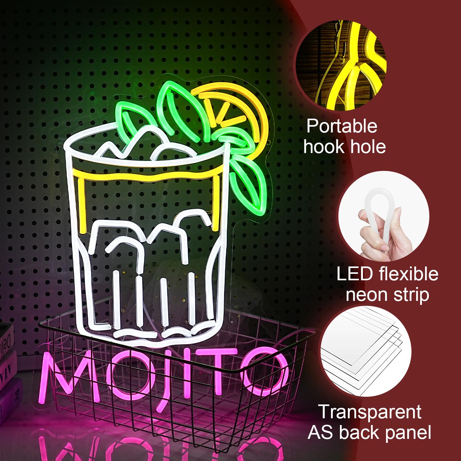 LIUOZHTEA Neon Sign - Mojito Cocktail LED Light for Wall Decor, Dimmable, USB Powered, 16.7 x 12.8 inches, Pink White Yellow Green