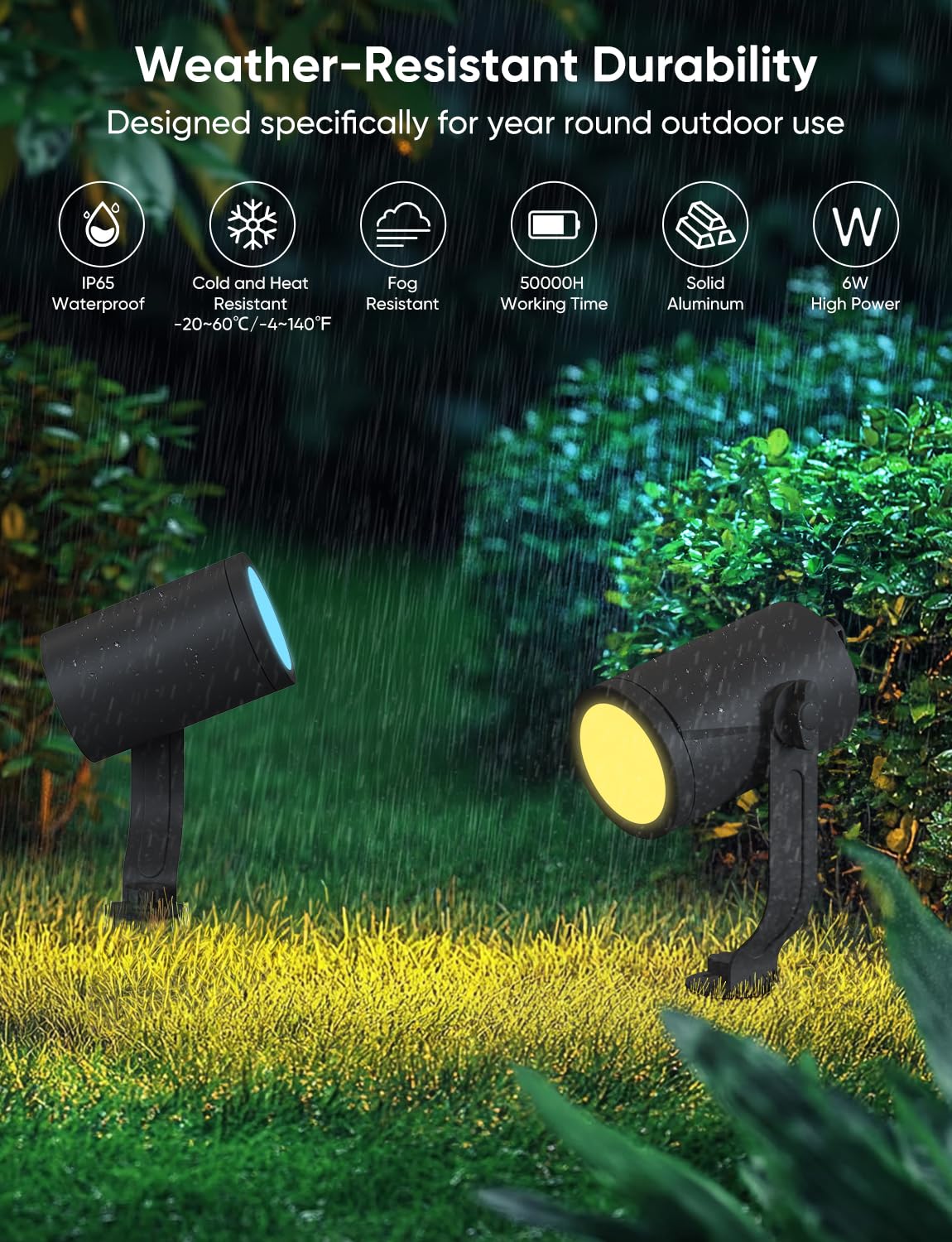 APPECK Smart Landscape Lighting Kit, 6 Pack RGBCW Outdoor Spotlights, IP65 Waterproof, Black, Model C6605-D