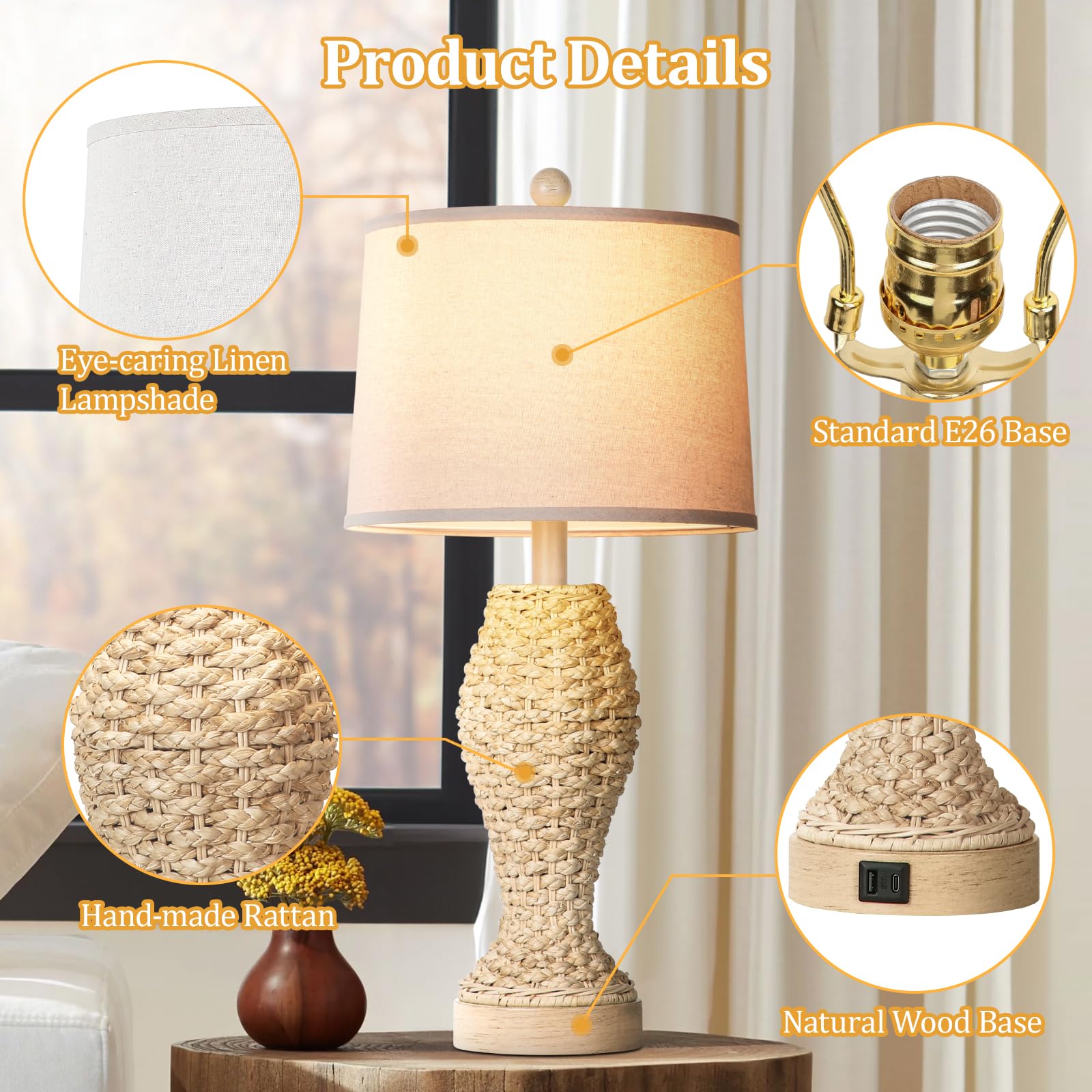 Tobusa Set Of 2 Rattan Table Lamps, 26.5&quot; Cream Bedside Lamps With Usb, Farmhouse & Coastal
